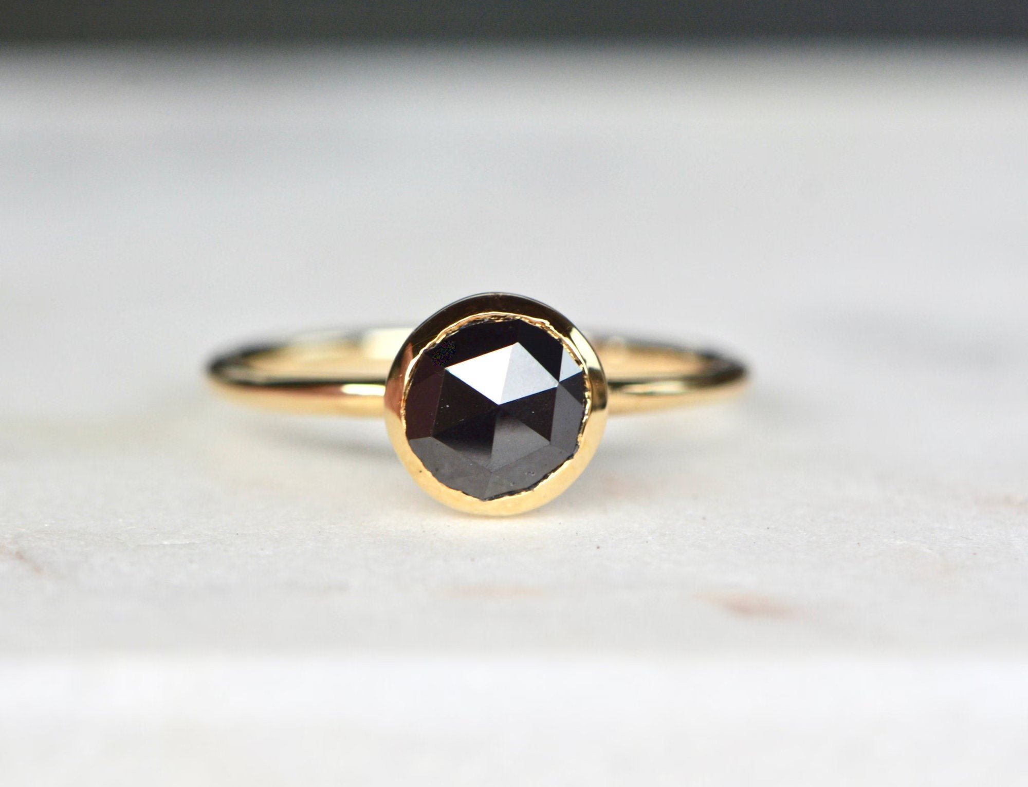 Natural Rosecut Black Diamond Solitaire 14k Gold Ring, Bezel Set Black Diamond Ring, Promise Ring, Everyday Stacking Ring for Women Gift
