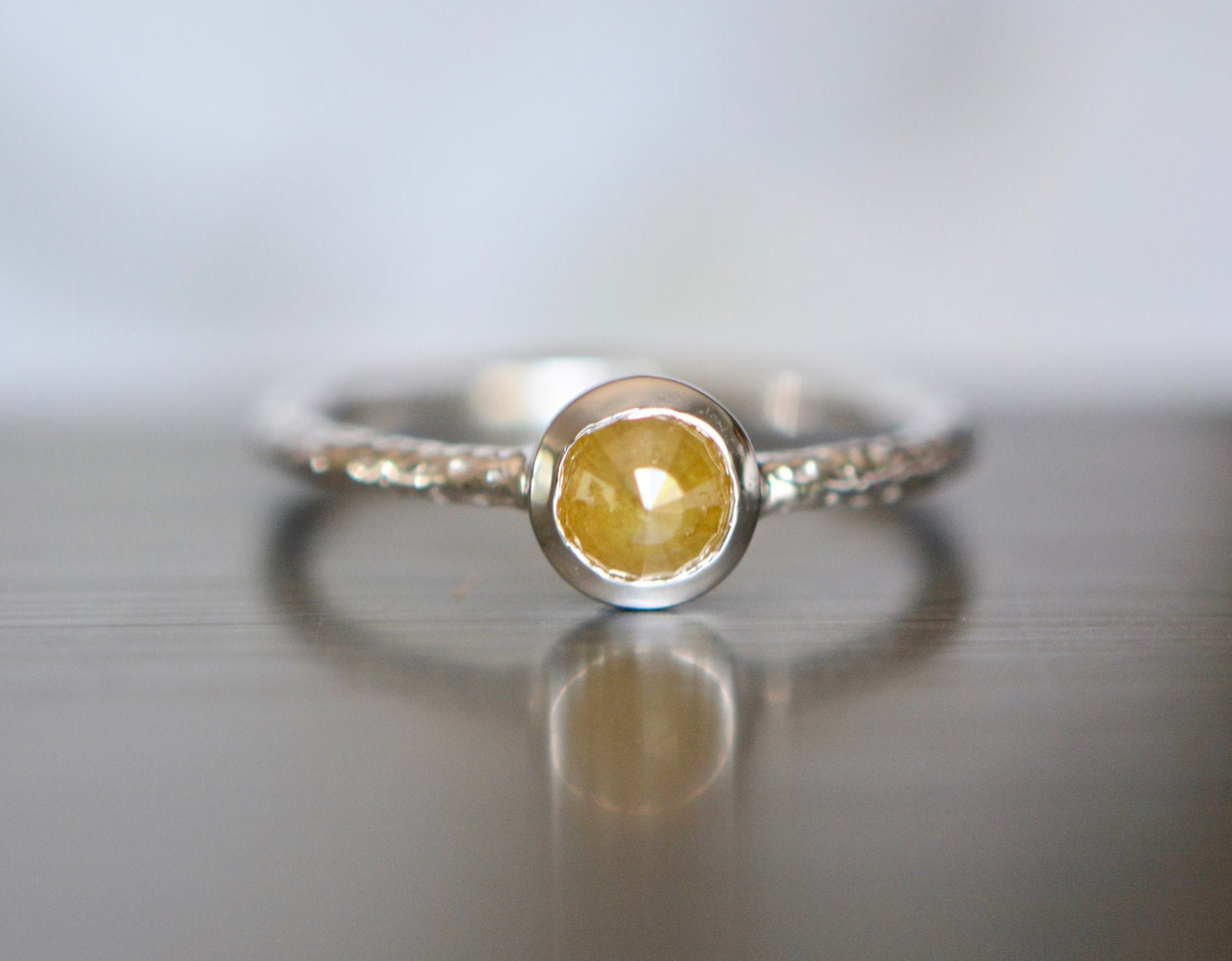 Rosecut Yellow Diamond Solitaire 14k White Gold Ring, Bezel Set Simple Solitaire Diamond Ring, Promise Ring, Everyday Stacking Ring for Her