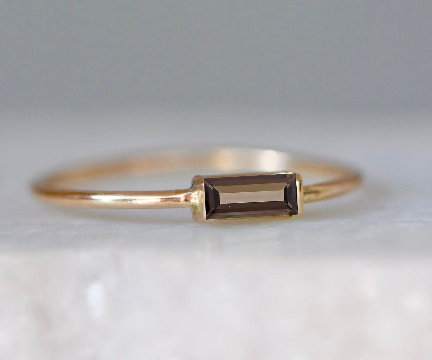 Smoky Quartz Baguette 14k Gold Minimalist Ring : Brown Gemstone