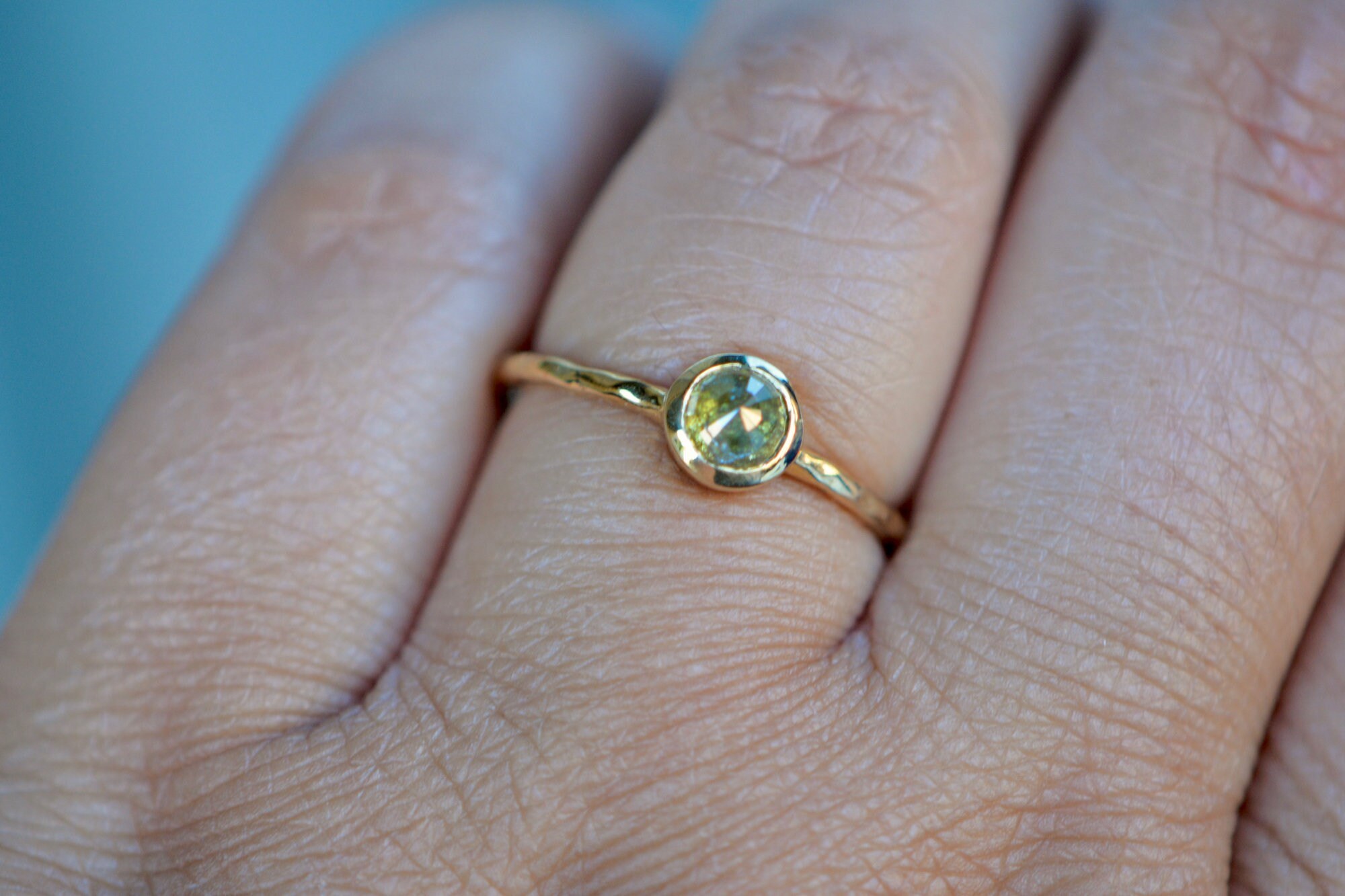 Yellow Diamond Solitaire Ring, Textured 14k Gold Ring, Bezel Set Simple Solitaire Diamond Ring, Promise Ring, Everyday Stacking Ring for Her, worn view