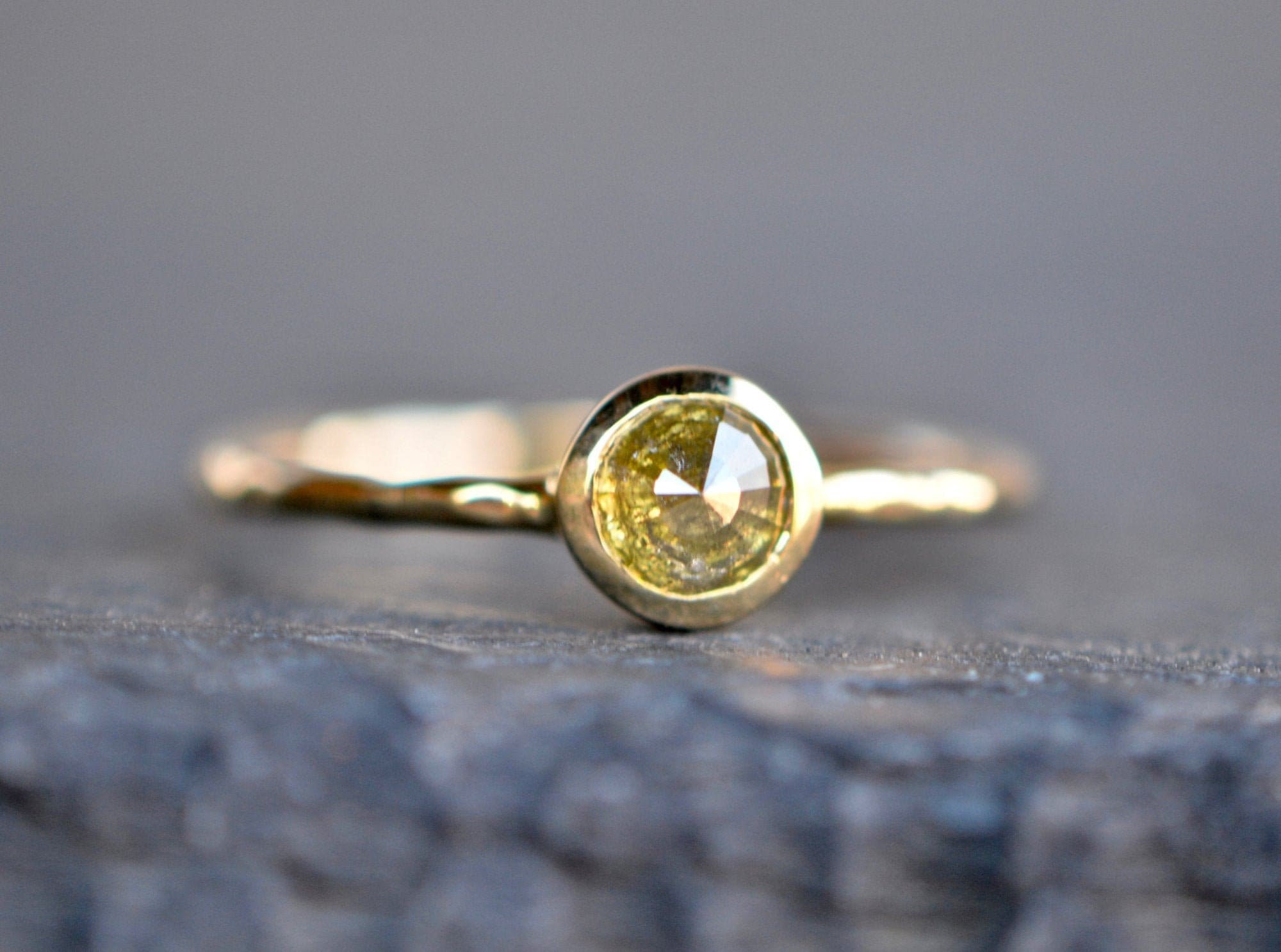 Yellow Diamond Solitaire Ring, Textured 14k Gold Ring, Bezel Set Simple Solitaire Diamond Ring, Promise Ring, Everyday Stacking Ring for Her