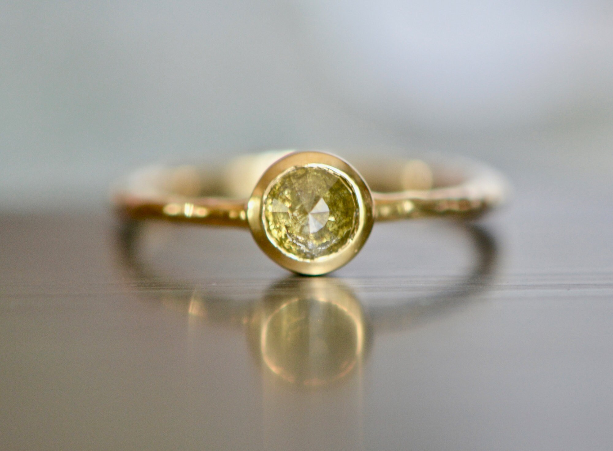 Yellow Diamond Solitaire Ring, Textured 14k Gold Ring, Bezel Set Simple Solitaire Diamond Ring, Promise Ring, Everyday Stacking Ring for Her, detail view