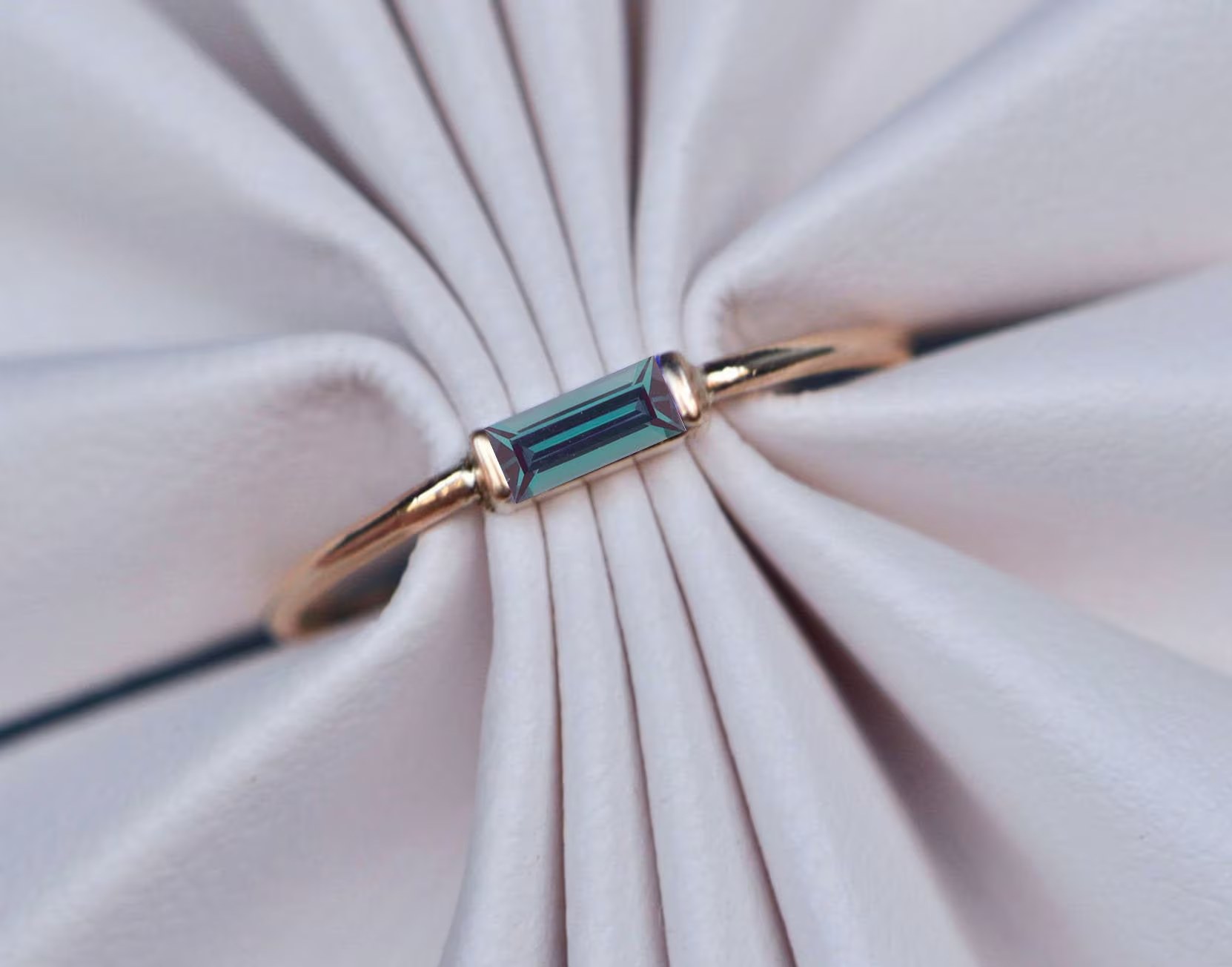 Alexandrite Lab Baguette 14k Gold Dainty Minimalist Stackable Ring : June Birthstone
