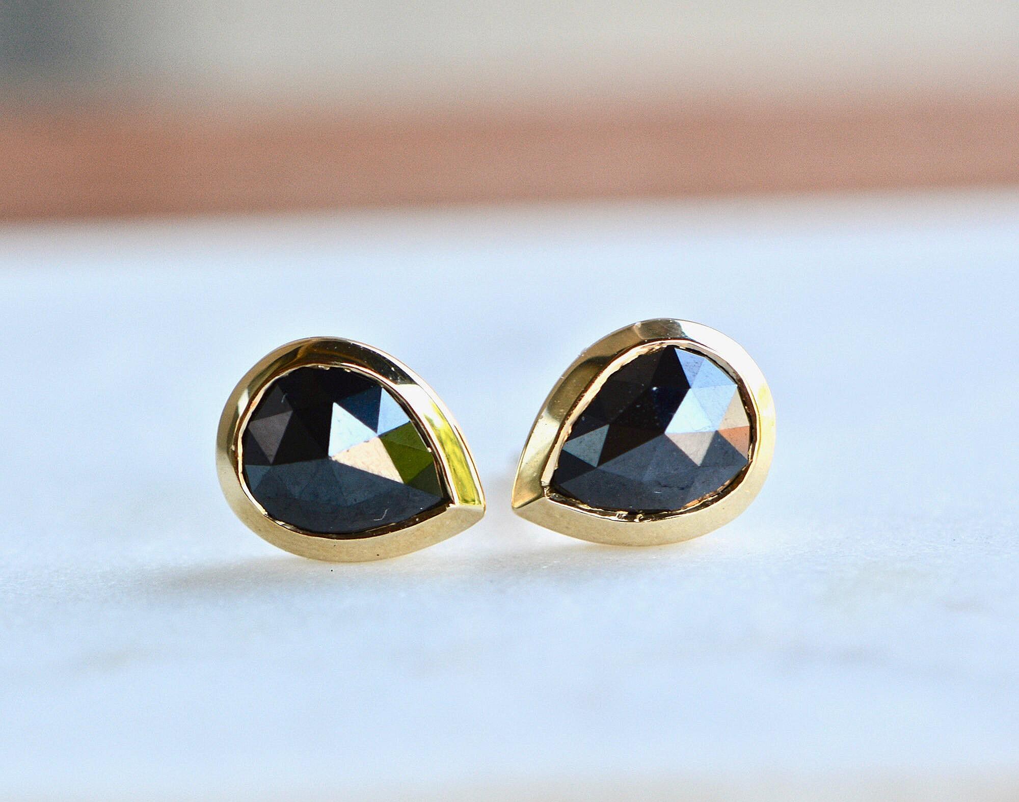 Black Diamond Rosecut Teardrop Solid 14kt Gold Stud Earrings : April Birthstone Jewelry