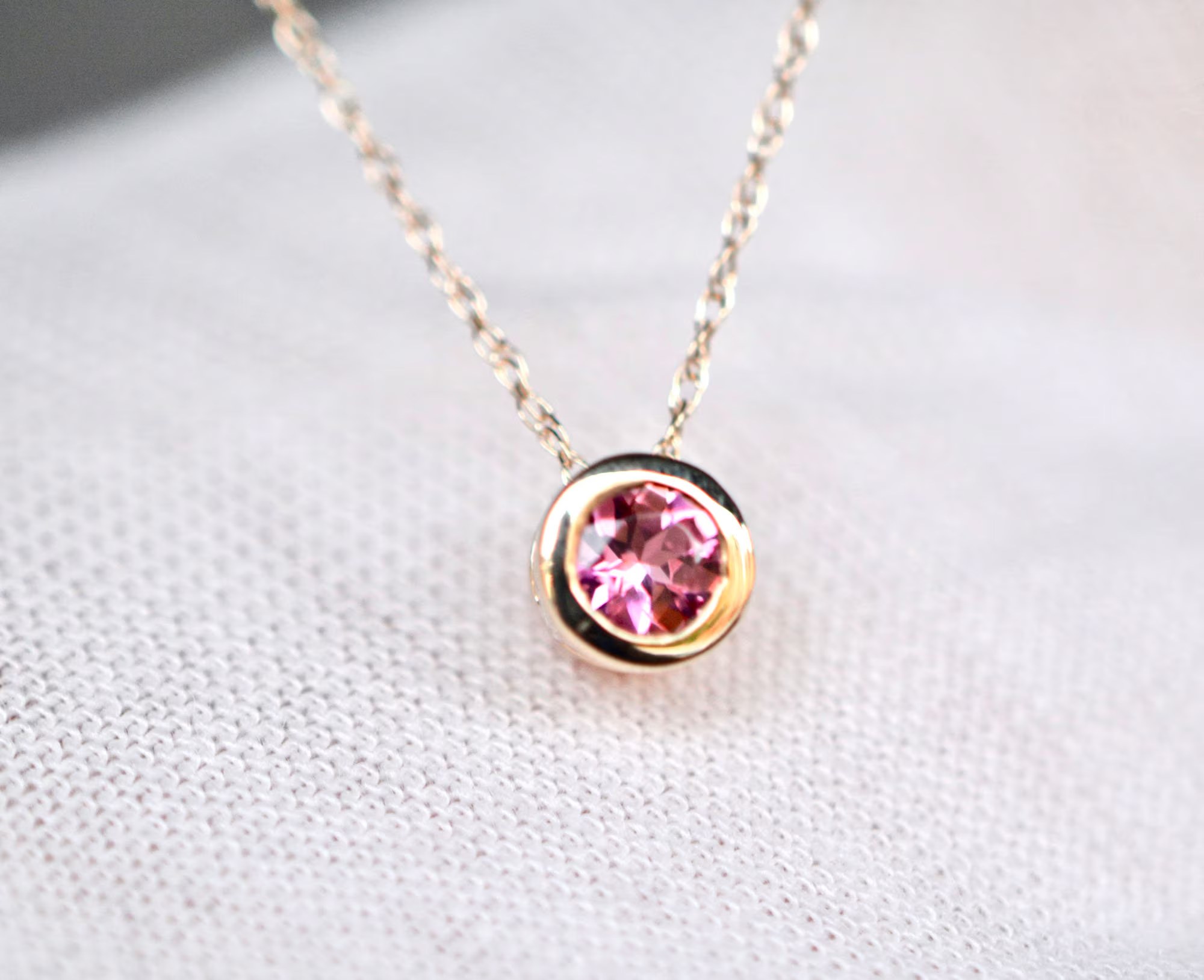Pink Tourmaline Solitaire Slide Necklace 14k Gold, October Birthstone Pendant, Minimalist Pink Gemstone Necklace, Gift for Women, Gift Girls