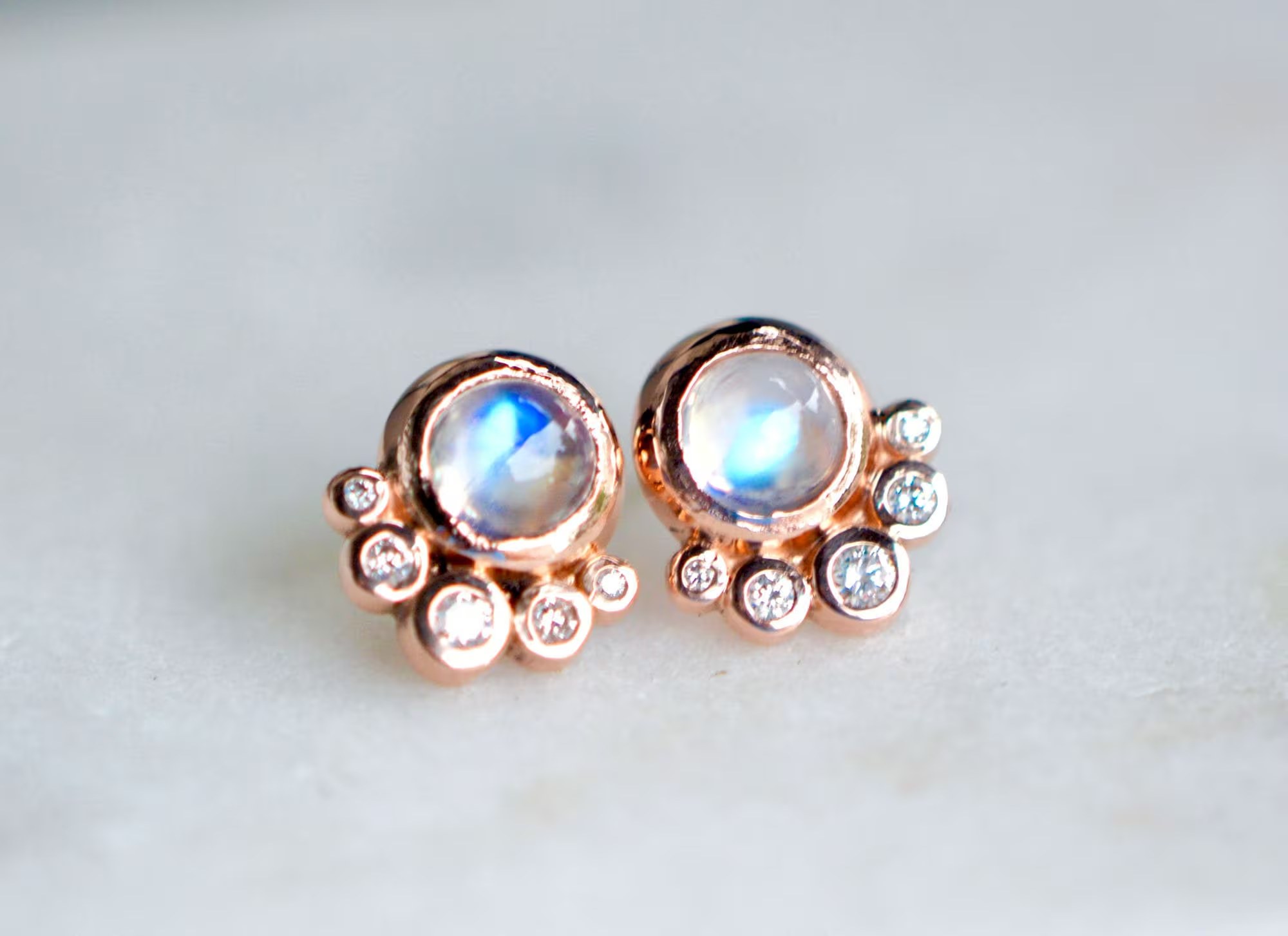 Blue Moonstone Stud Earrings with Diamonds Solid 14kt Rose Gold : June Birthstone Jewelry