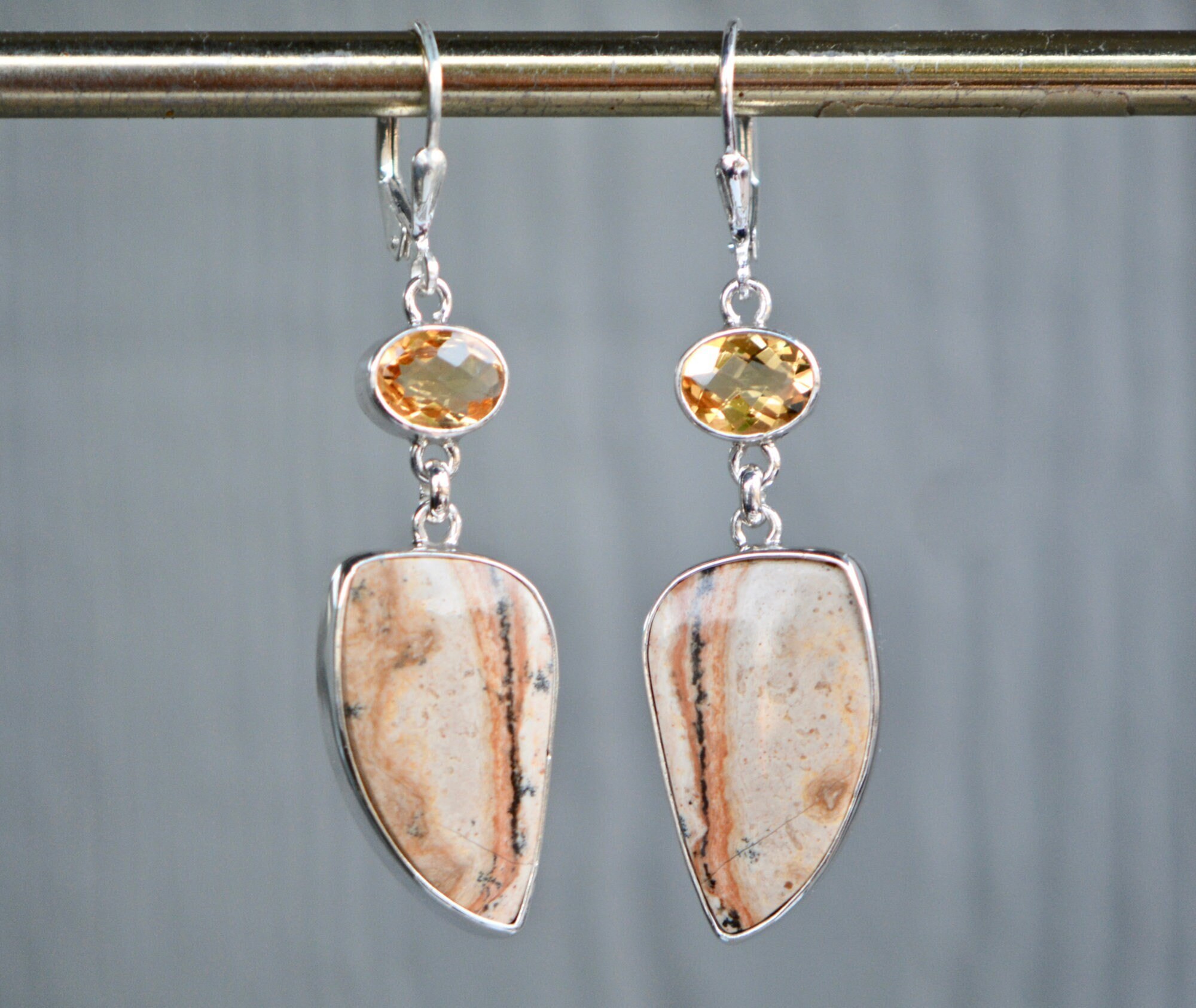 Citrine & Yellow Jasper Sterling Silver Dangly Statement Earrings