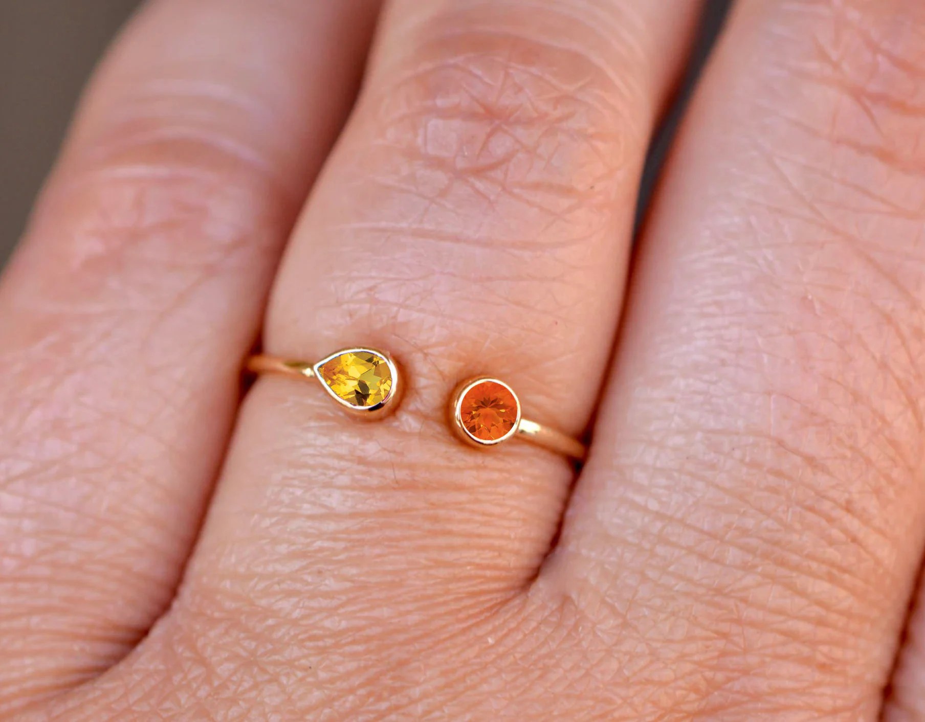 Citrine & Fire Opal 14k Gold Ring: Minimalist Stackable Ring with October November Birthstone, worn view