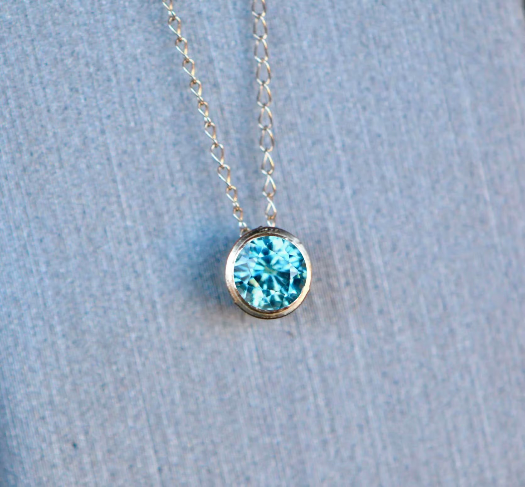 Blue Zircon Natural Solitaire Slide Necklace 14k Gold : December Birthstone Pendant,