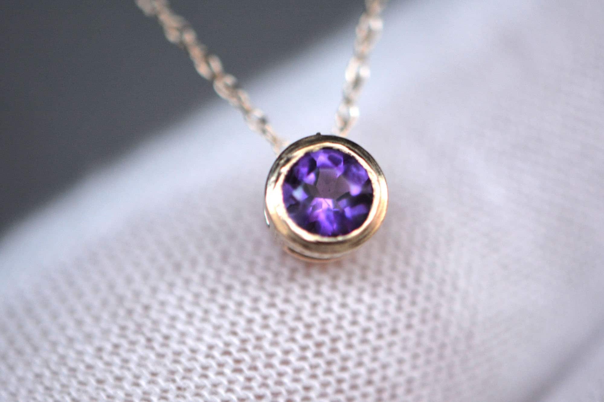 AAA Amethyst Solitaire Slide Necklace 14k Gold : February Birthstone Pendant, detail view