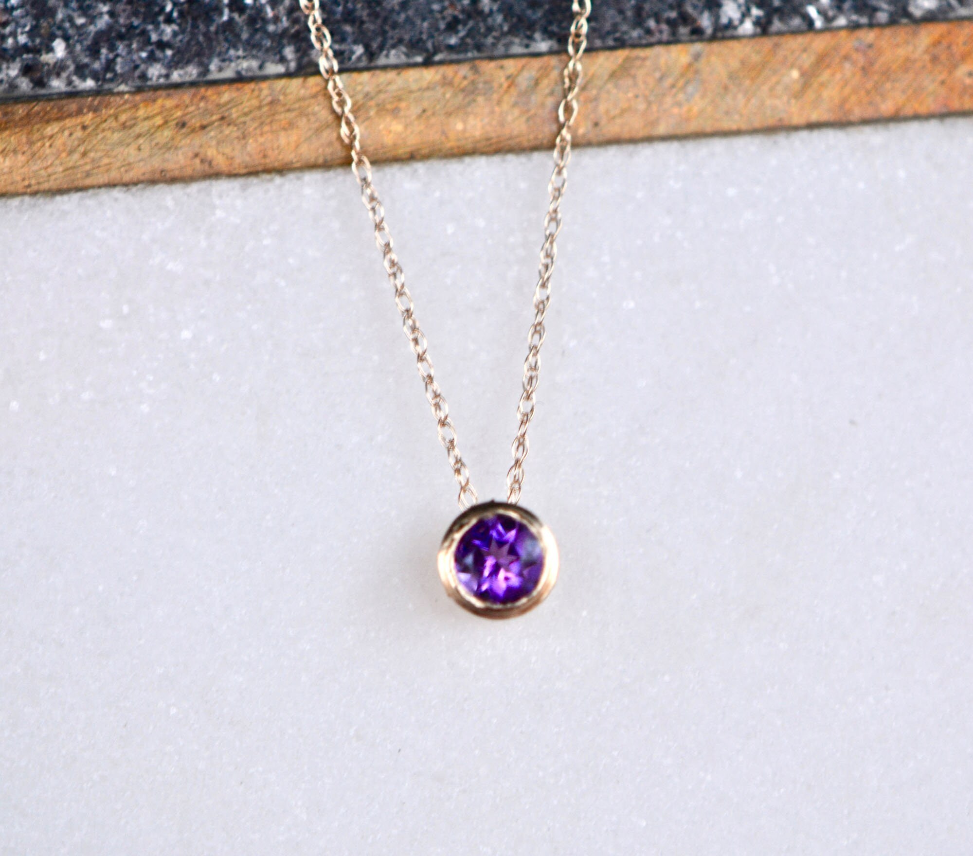 AAA Amethyst Solitaire Slide Necklace 14k Gold : February Birthstone Pendant, detail view
