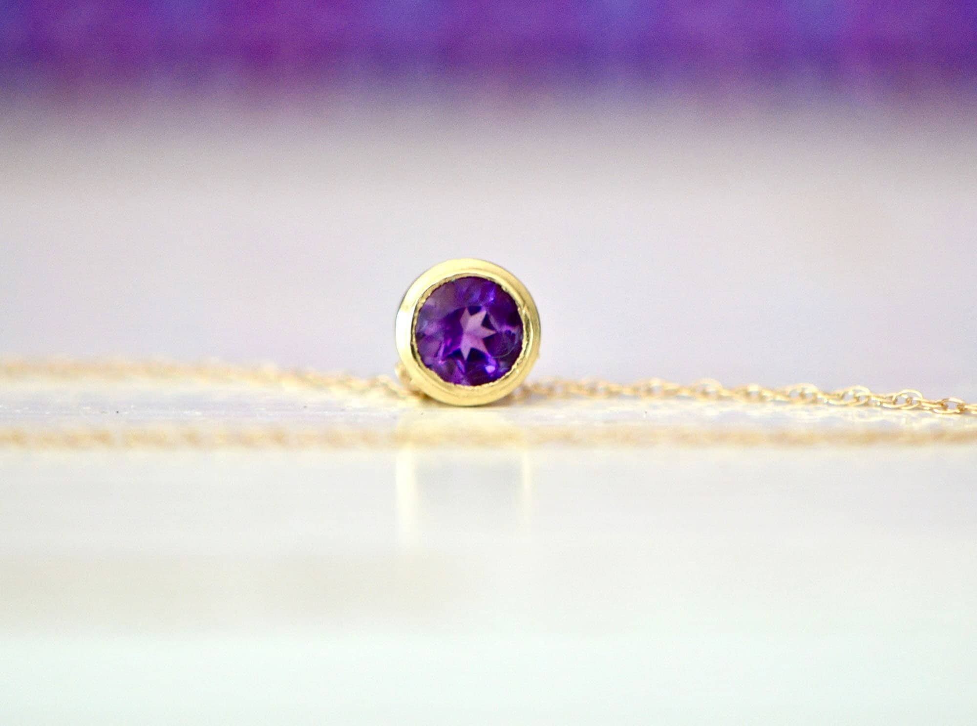 AAA Amethyst Solitaire Slide Necklace 14k Gold : February Birthstone Pendant