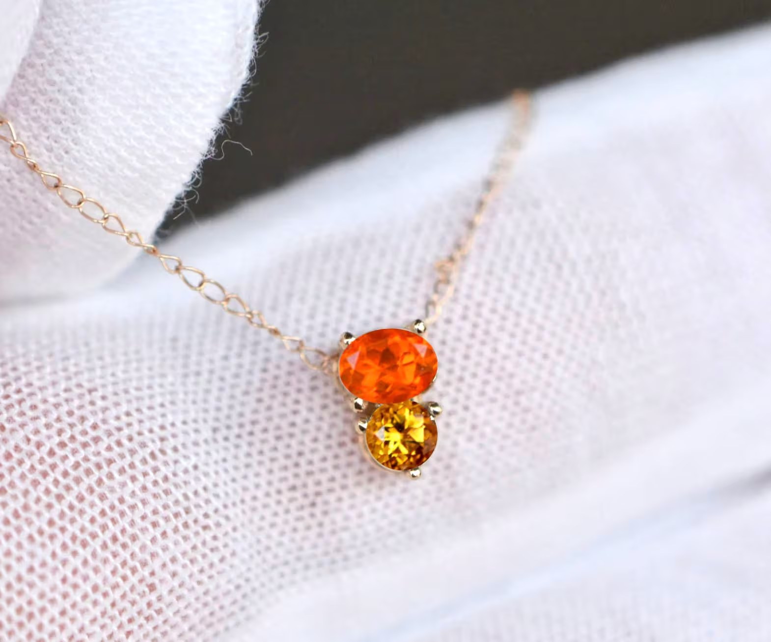 Citrine & Fire Opal 14k Gold Dainty Necklace : October November Birthstone Pendant