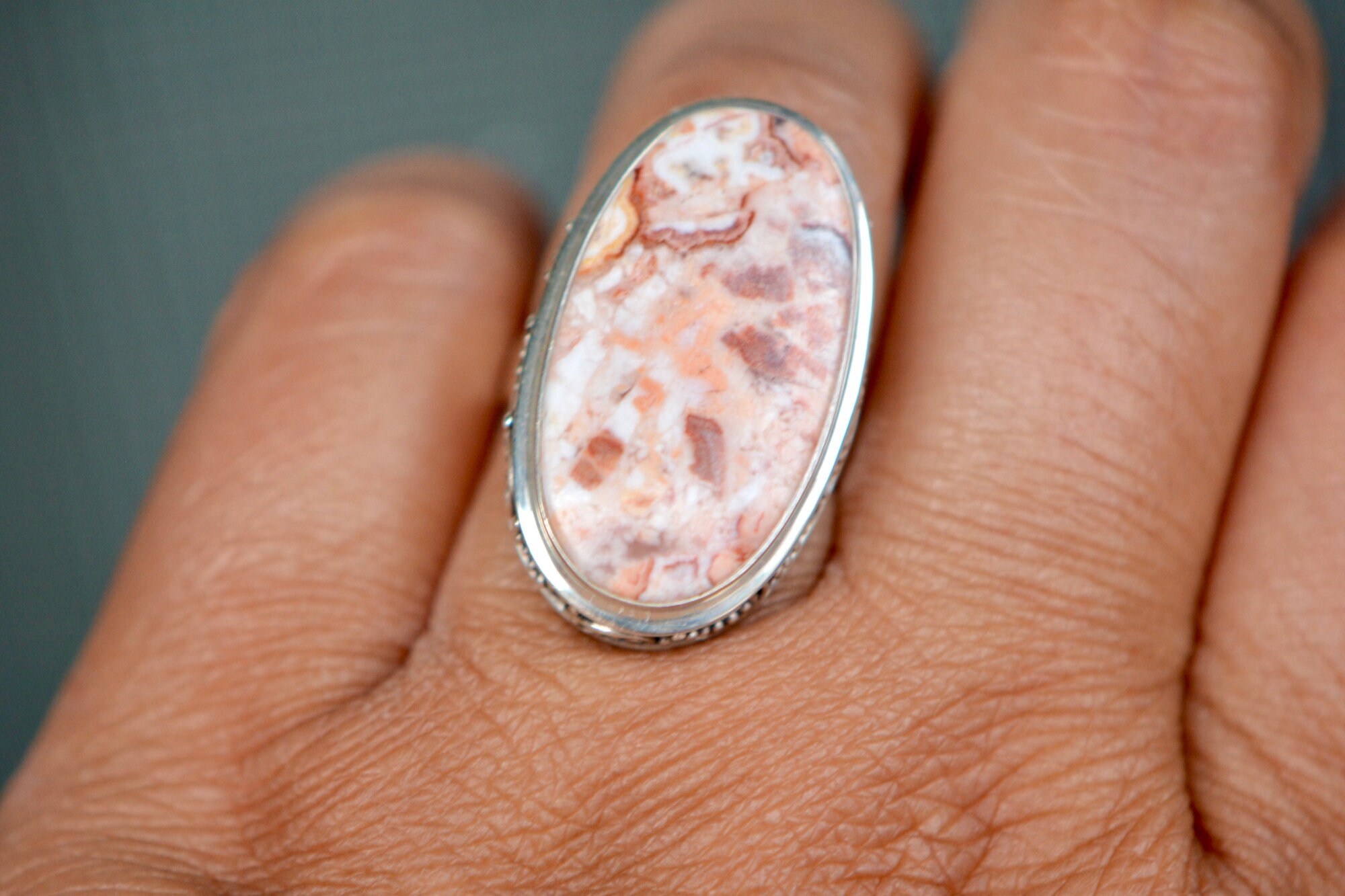 Jasper Statement Ring, Size 7 Sterling Silver Ring, Peach White Jasper Marquise Stone Ring, Rings for Women, Large Boho Rings, Gift Her, worn view