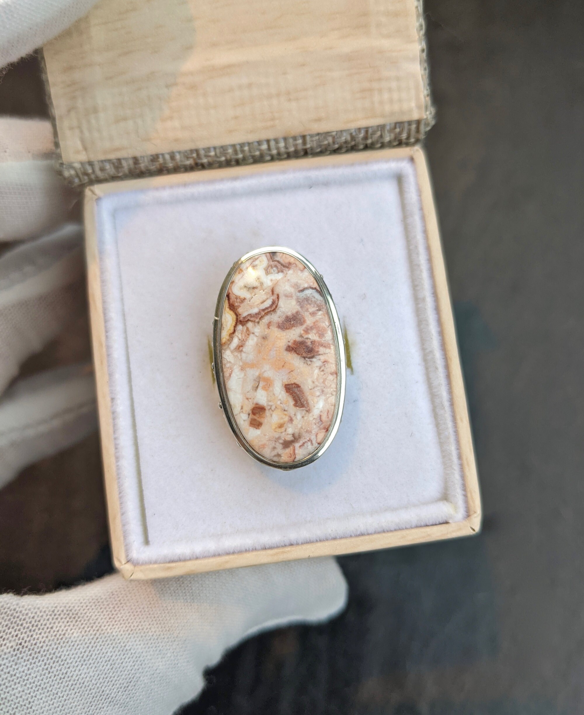 Jasper Statement Ring, Size 7 Sterling Silver Ring, Peach White Jasper Marquise Stone Ring, Rings for Women, Large Boho Rings, Gift Her, detail view