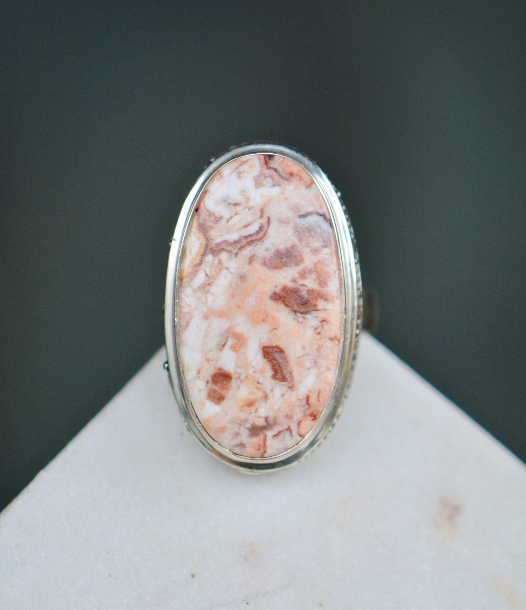 Jasper Statement Ring, Size 7 Sterling Silver Ring, Peach White Jasper Marquise Stone Ring, Rings for Women, Large Boho Rings, Gift Her