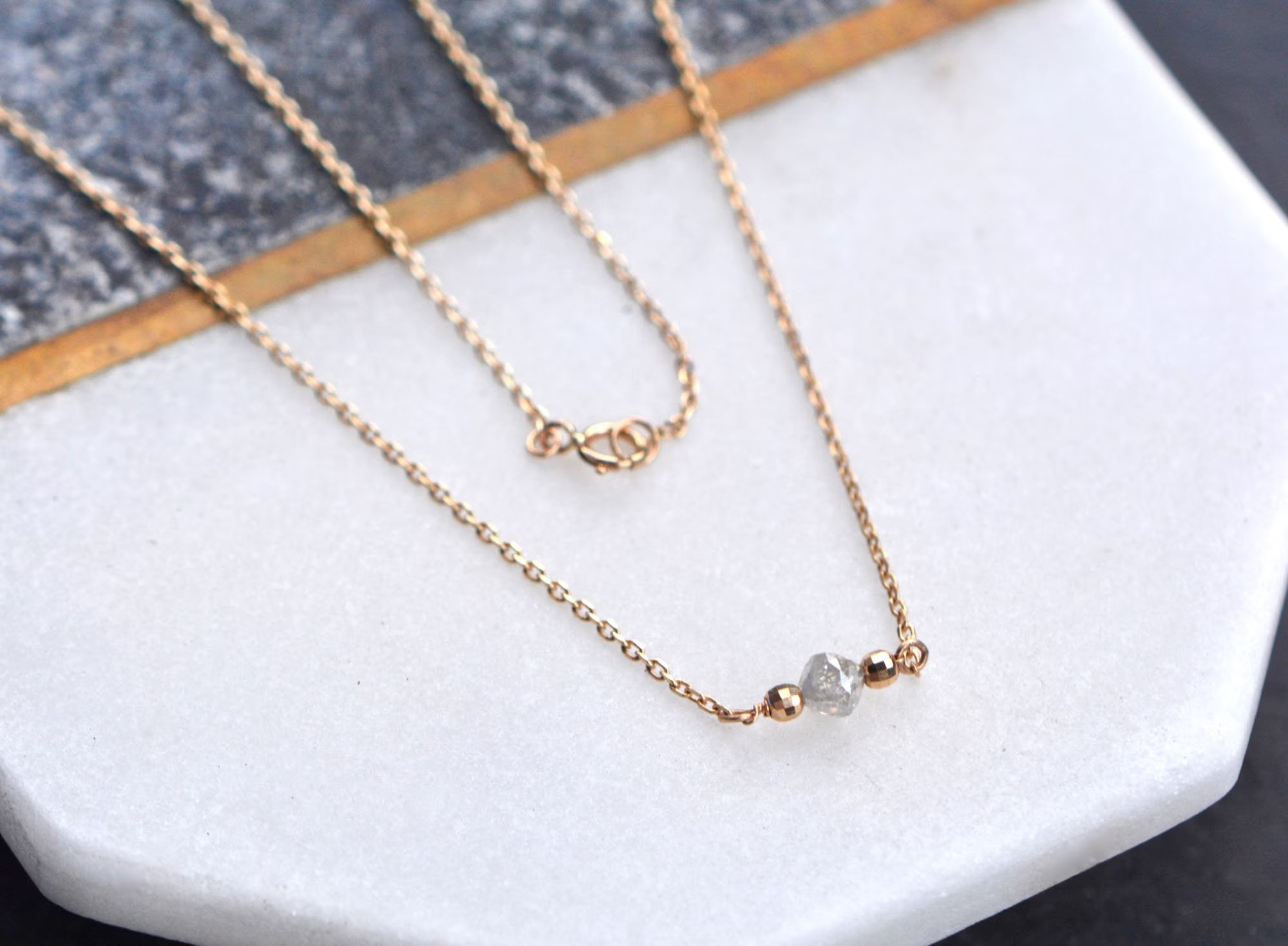 Diamond 0.75 CT Bead Necklace 14k Gold Minimalist Layering Necklace : 10th or 60th Anniversary Gift for Wife