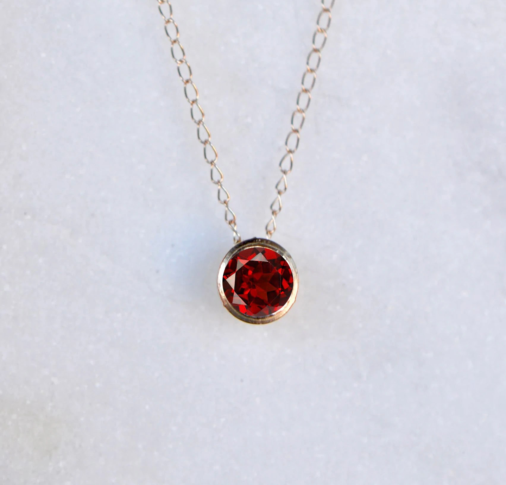 Garnet Red Slide Necklace Solid 14k Gold : January Birthstone Pendant, detail view