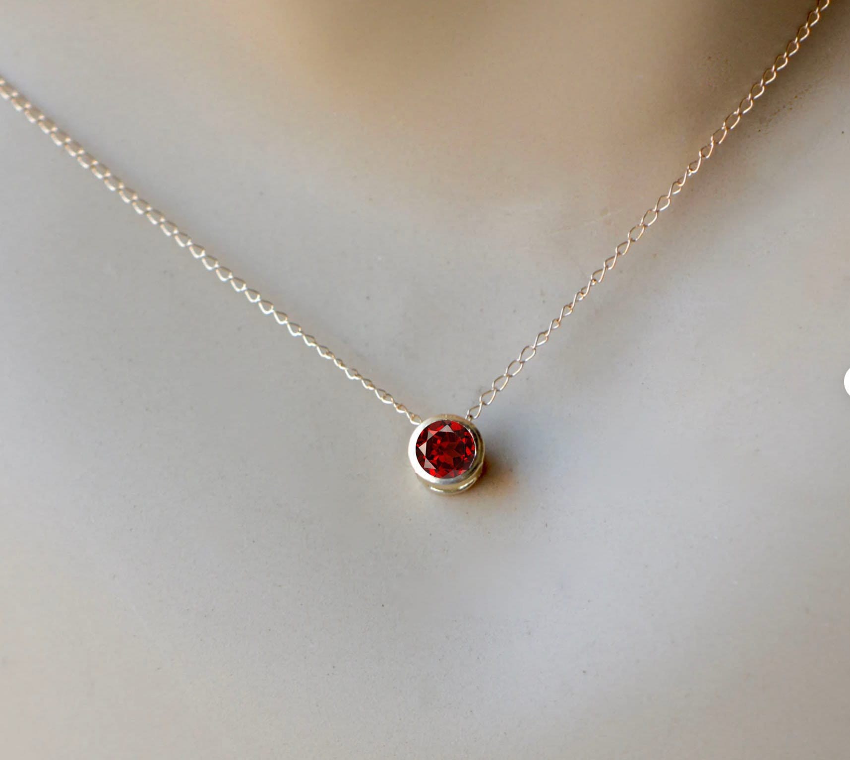 Garnet Red Slide Necklace Solid 14k Gold : January Birthstone Pendant, detail view