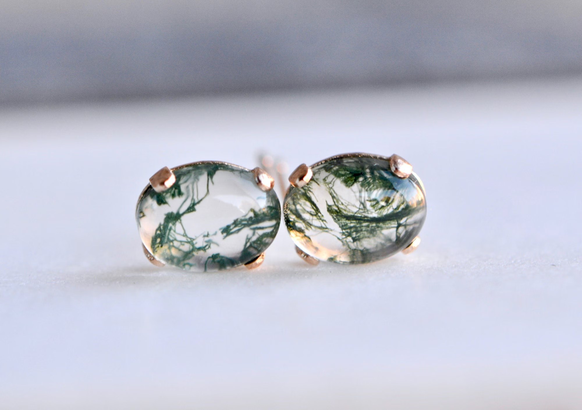Moss Agate Stud Earrings Solid 14k Gold : Unique Green Gemstone