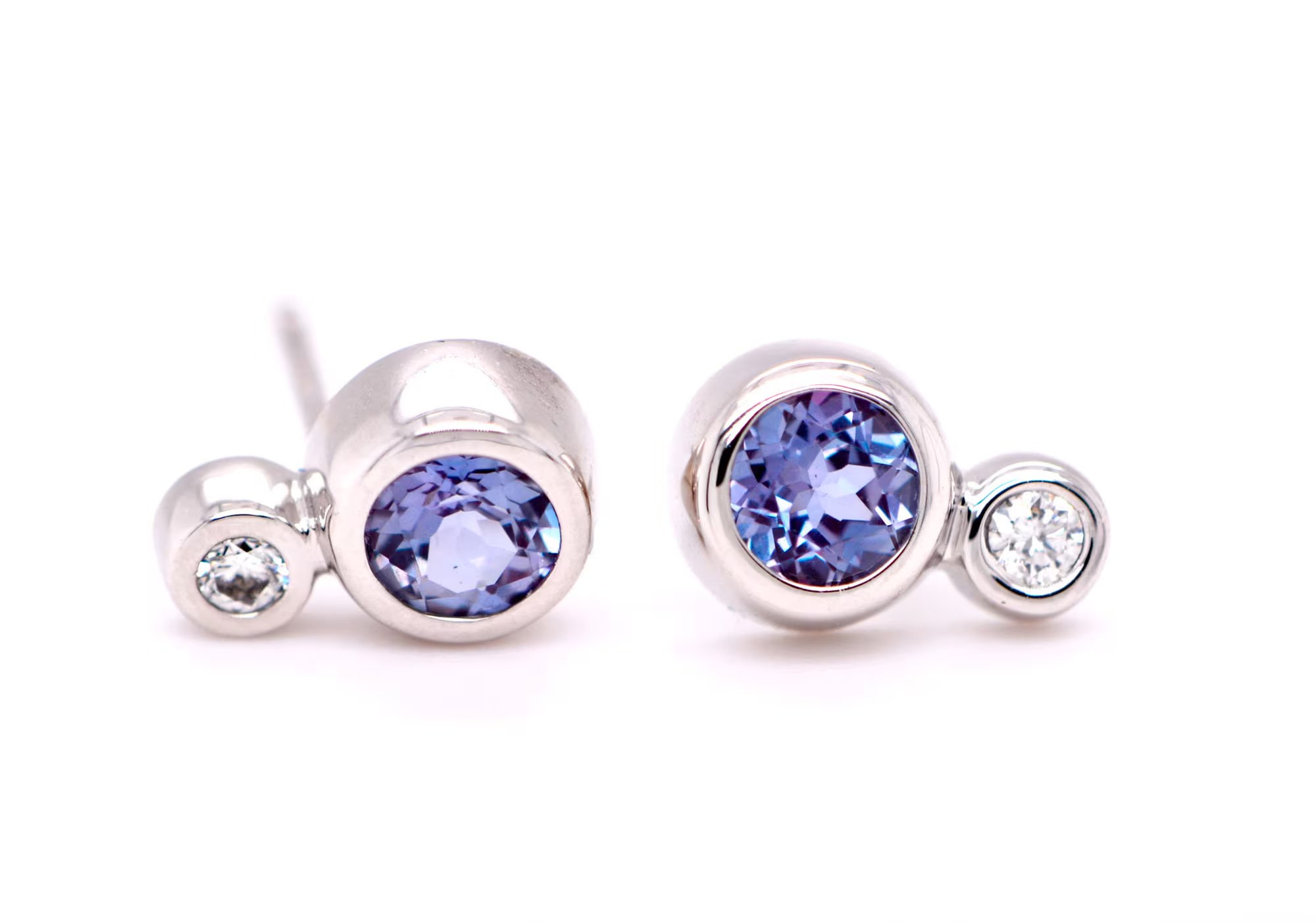 Alexandrite & Diamond 14k White Gold Round Stud Earrings for Women : June Birthstone