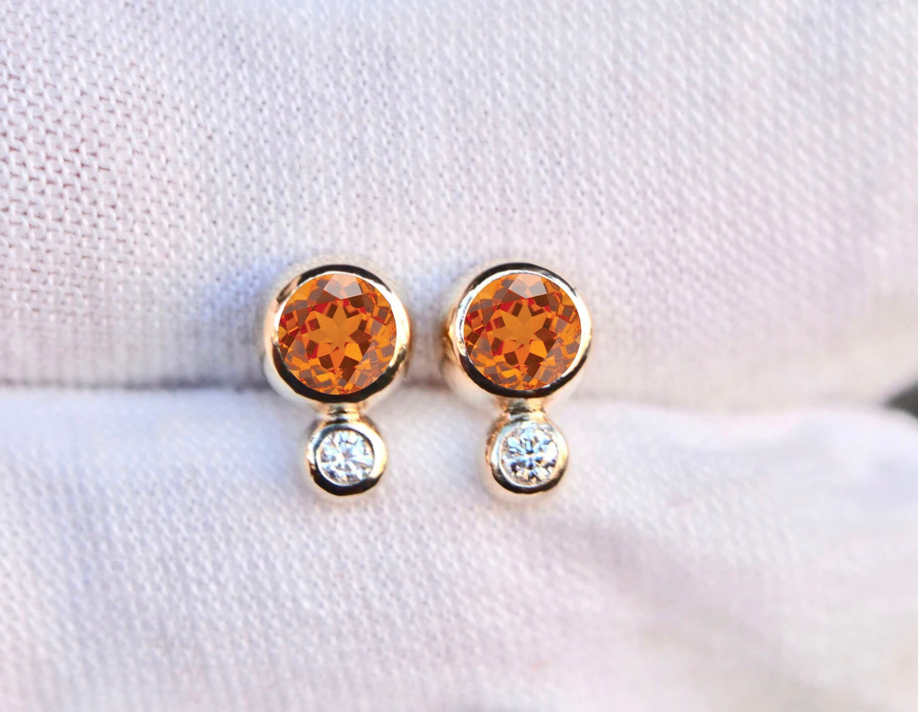 Mandarin Garnet & Diamond Minimalist Stud Earrings 14k Gold, January April Birthstone Jewelry, Girlfriend Gift, Earring for Women, Gift Her, detail view