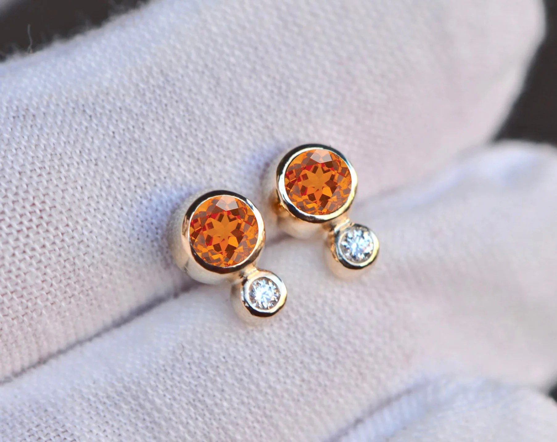 Mandarin Garnet & Diamond Minimalist Stud Earrings 14k Gold, January April Birthstone Jewelry, Girlfriend Gift, Earring for Women, Gift Her
