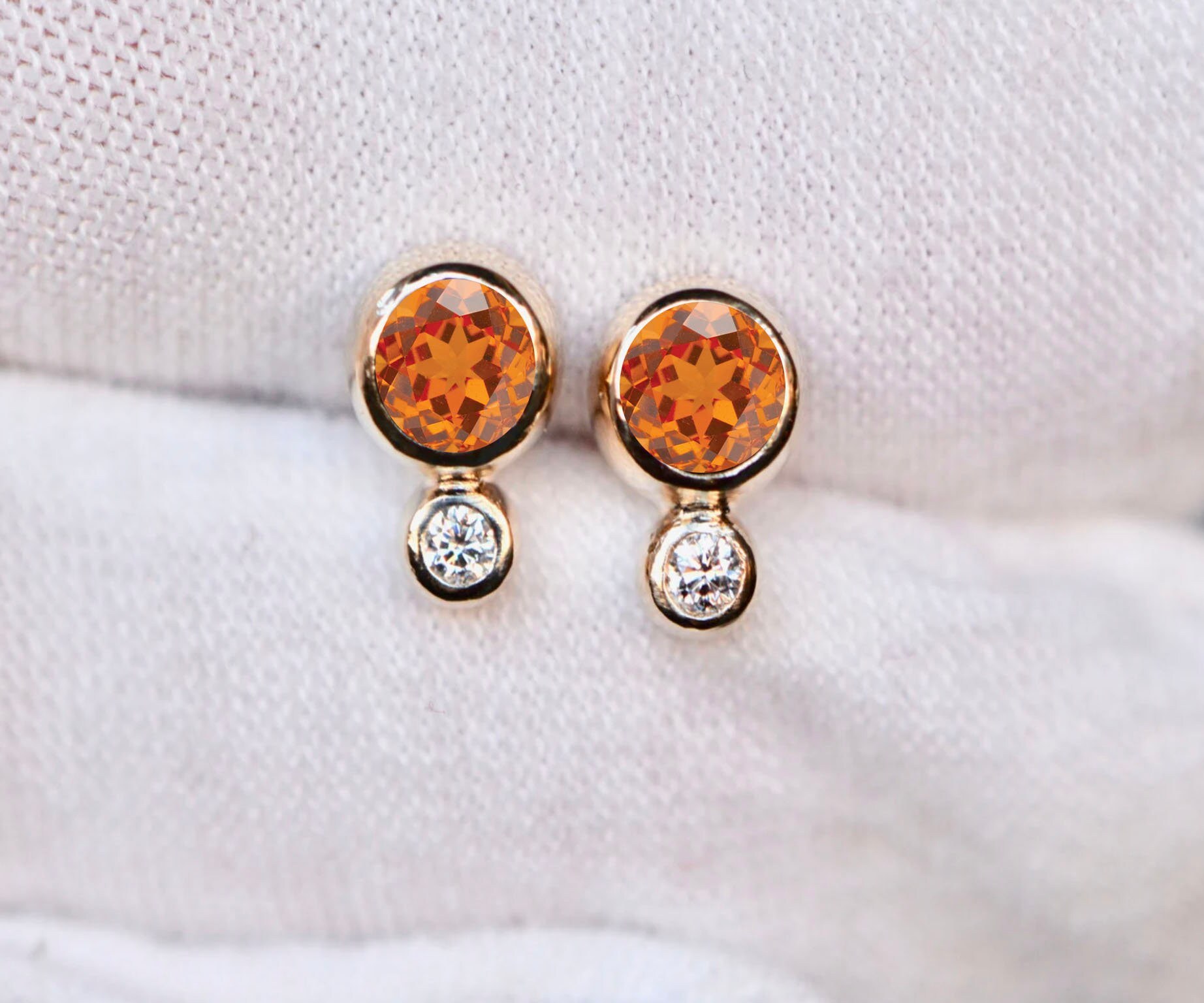 Mandarin Garnet & Diamond Minimalist Stud Earrings 14k Gold, January April Birthstone Jewelry, Girlfriend Gift, Earring for Women, Gift Her, detail view