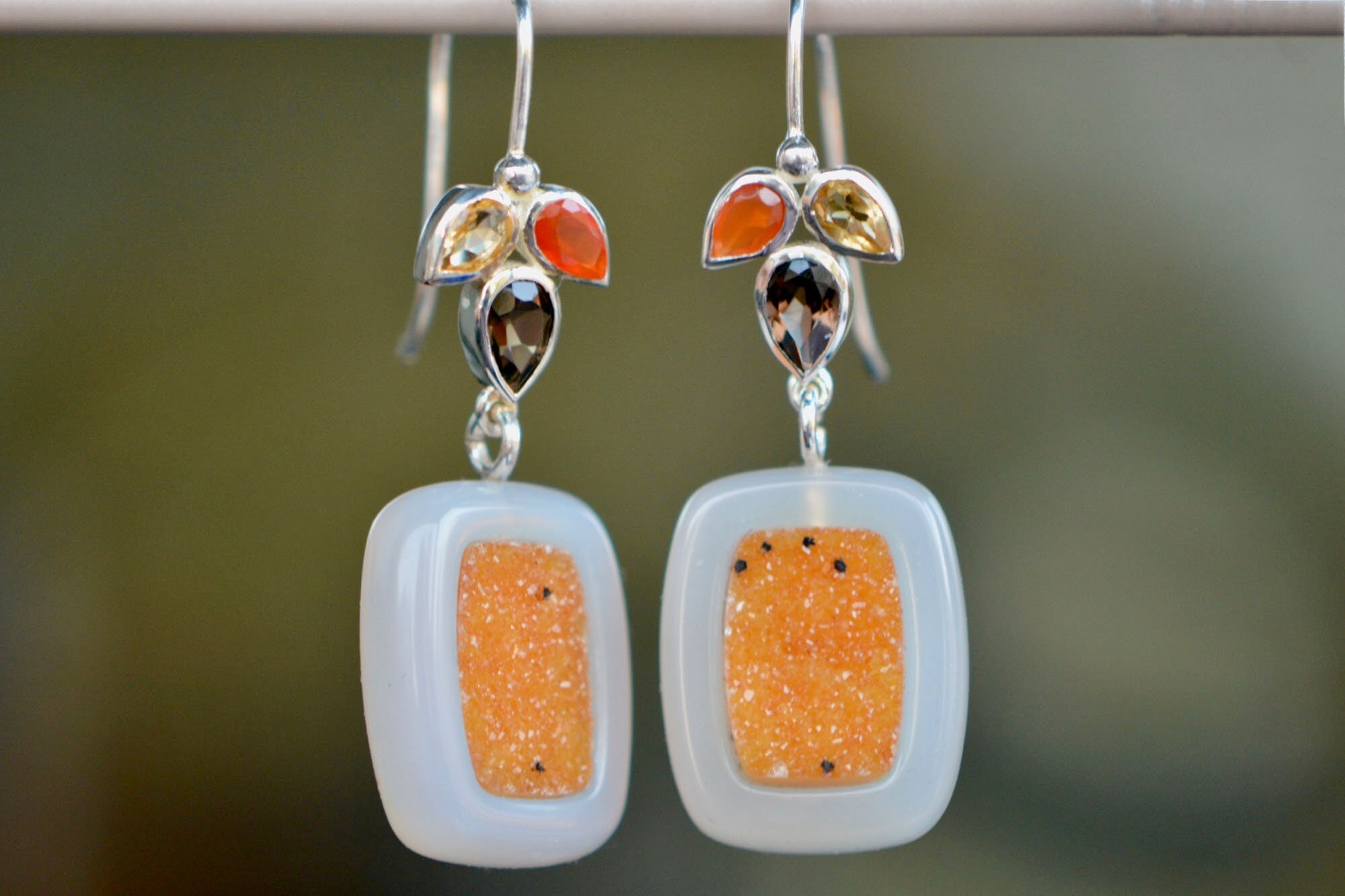 Citrine, Carnelian & Smoky Quartz Druzy Sparkly Dangly Statement Earrings in Sterling Silver