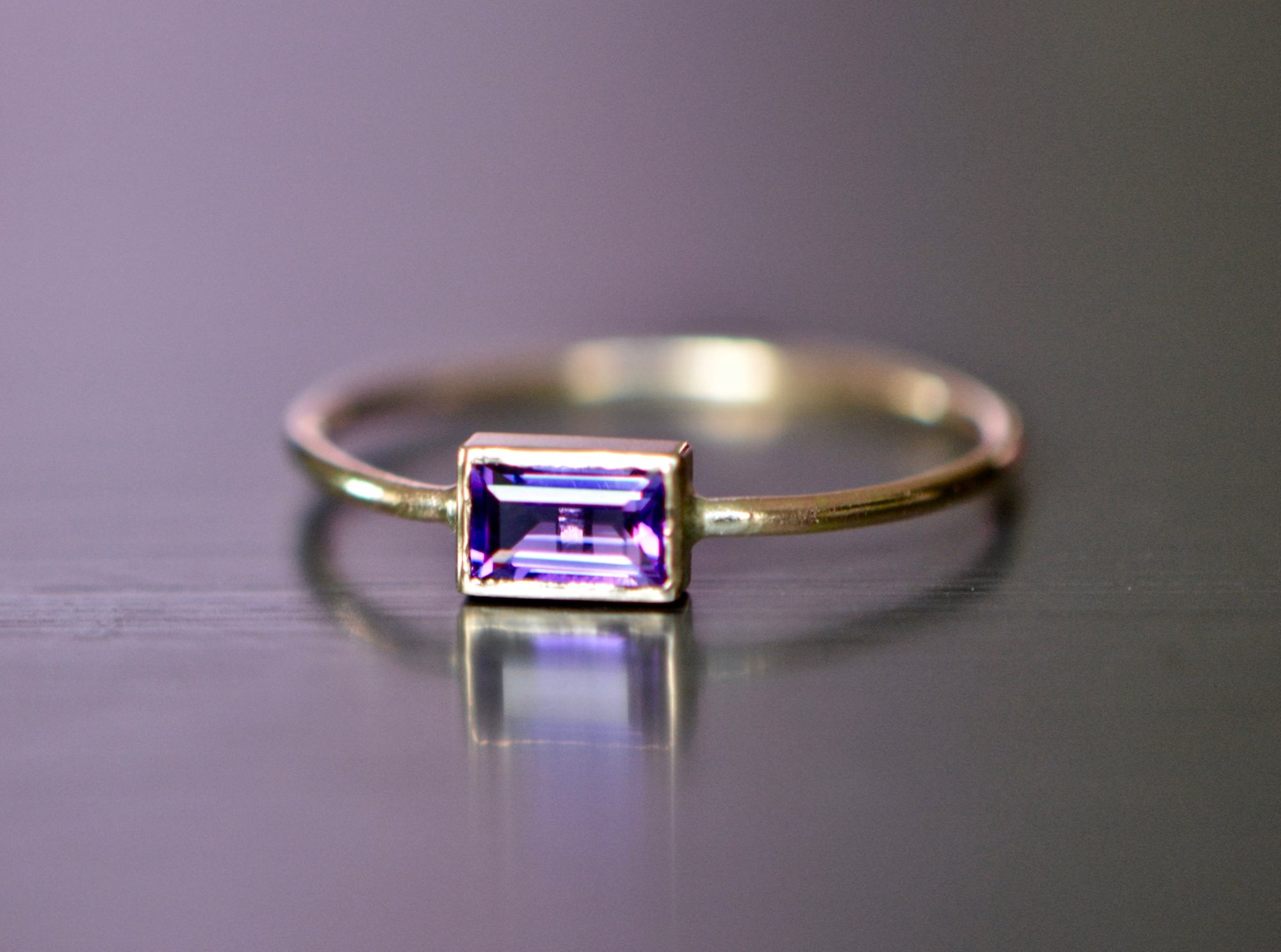 Amethyst Baguette 14k Gold Bezel Ring : February Birthstone Jewelry