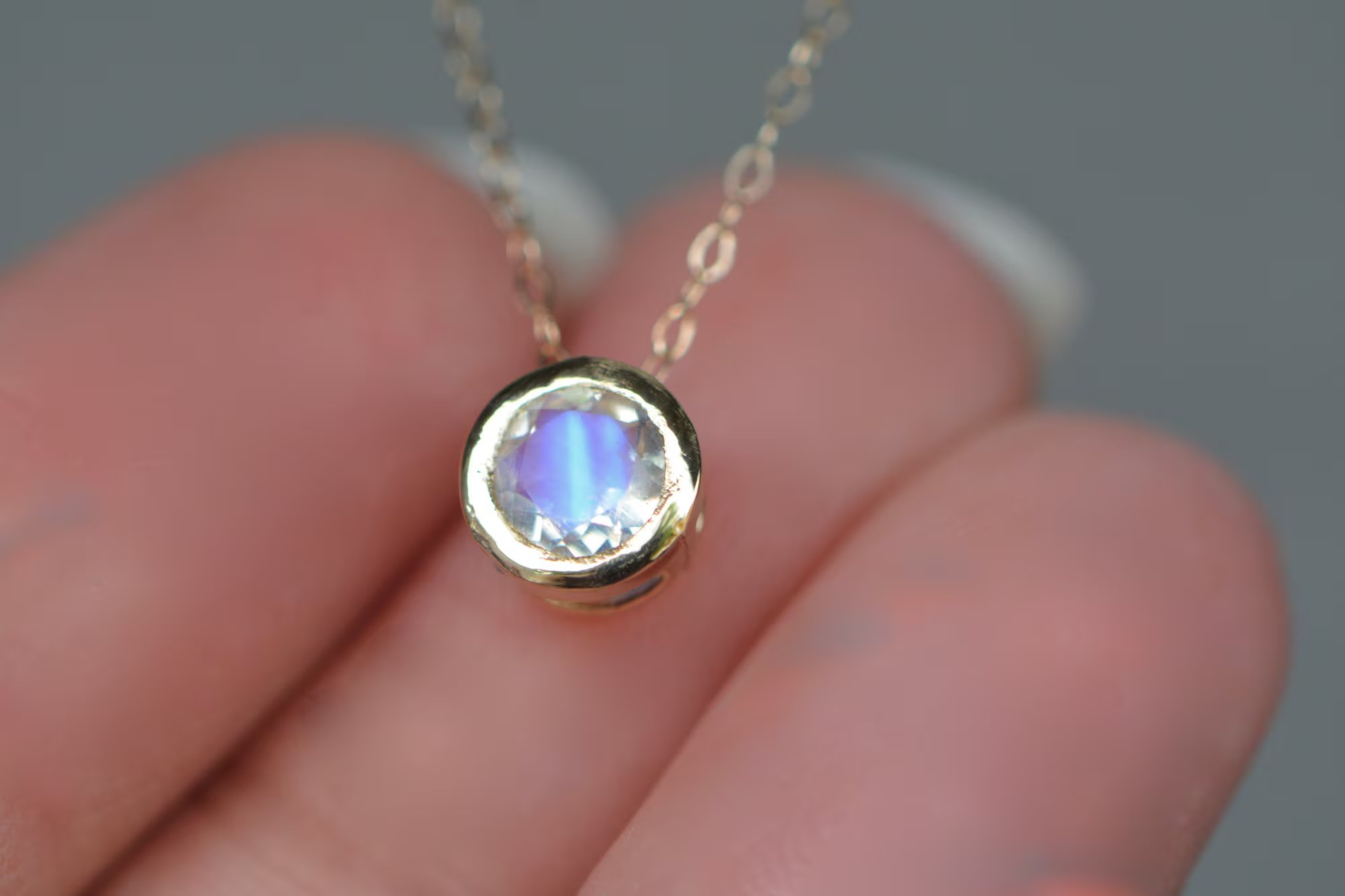 Moonstone Solitaire Pendant 14k Gold, June Birthstone Pendant, Minimalist Blue Gemstone Necklace, Gift for Women, Bezel Set Moonstone Slide