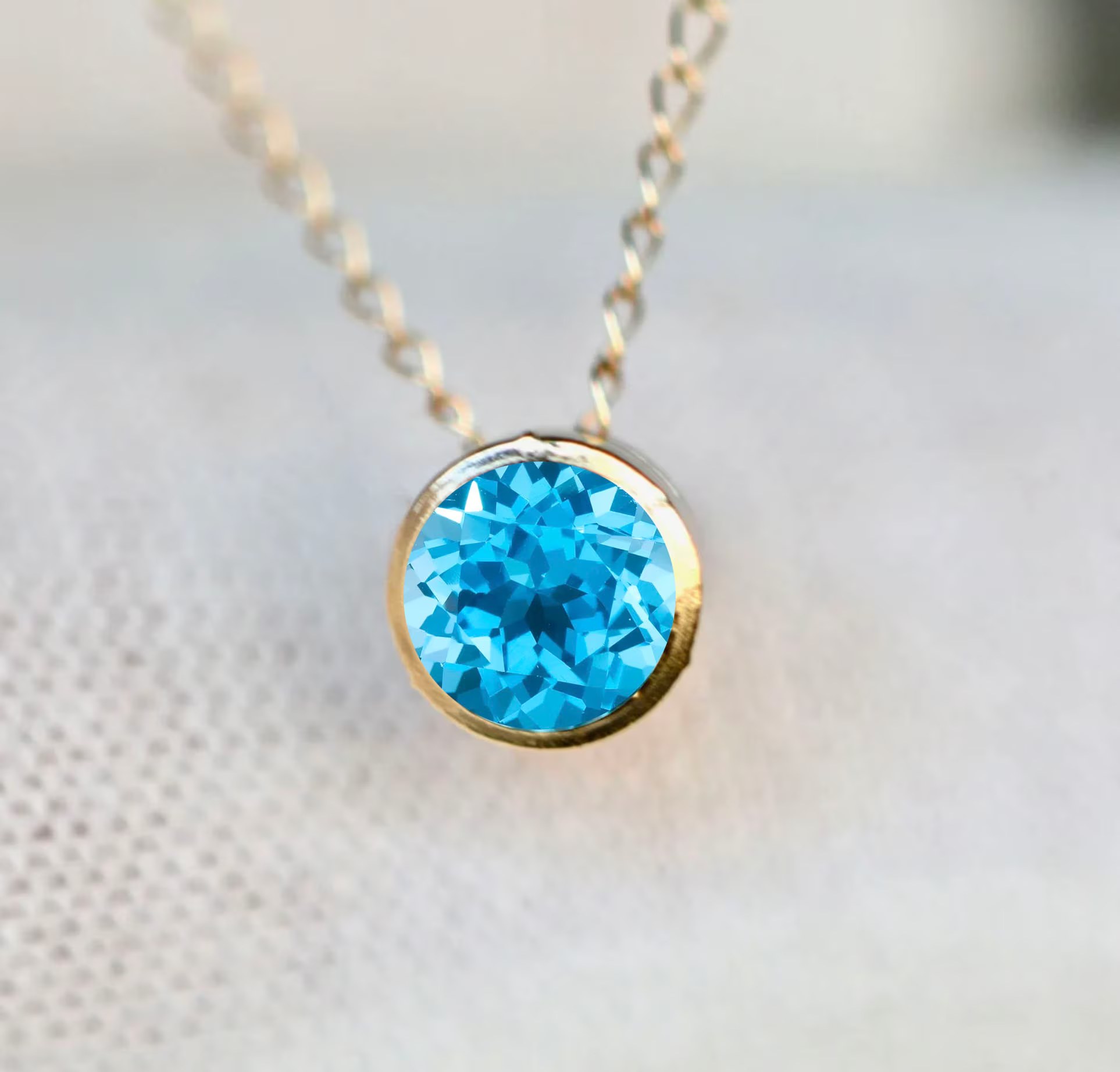 Swiss Blue Topaz AA Slide Solid 14k Gold Necklace : December Birthstone Pendant