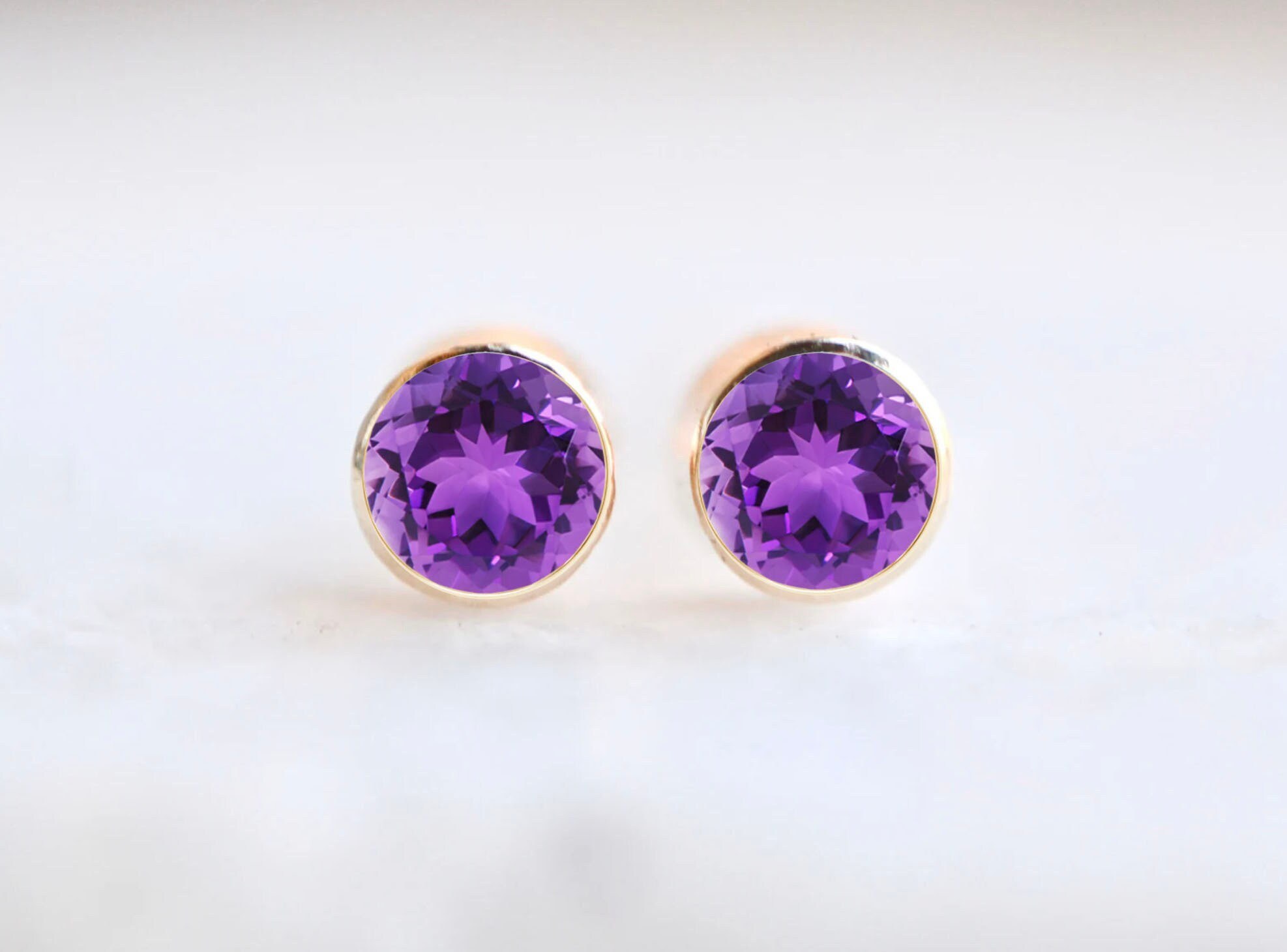 Dainty Amethyst Bezel Set Stud Earrings 14kt Gold 3.5mm : February Birthstone Studs