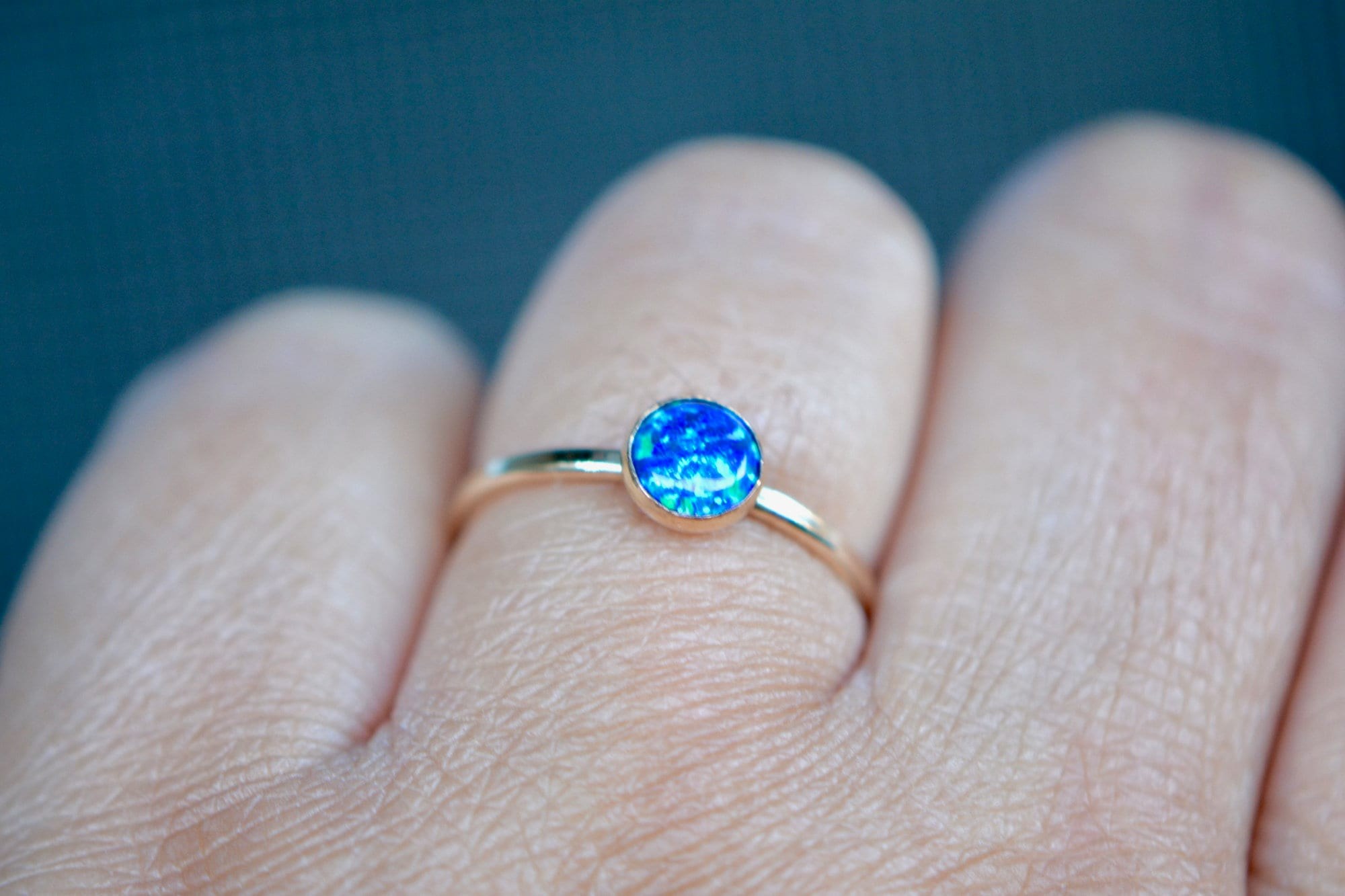 Lab Blue Opal Round Cabochon 14k Gold Filled Stackable Ring : October Birthstone