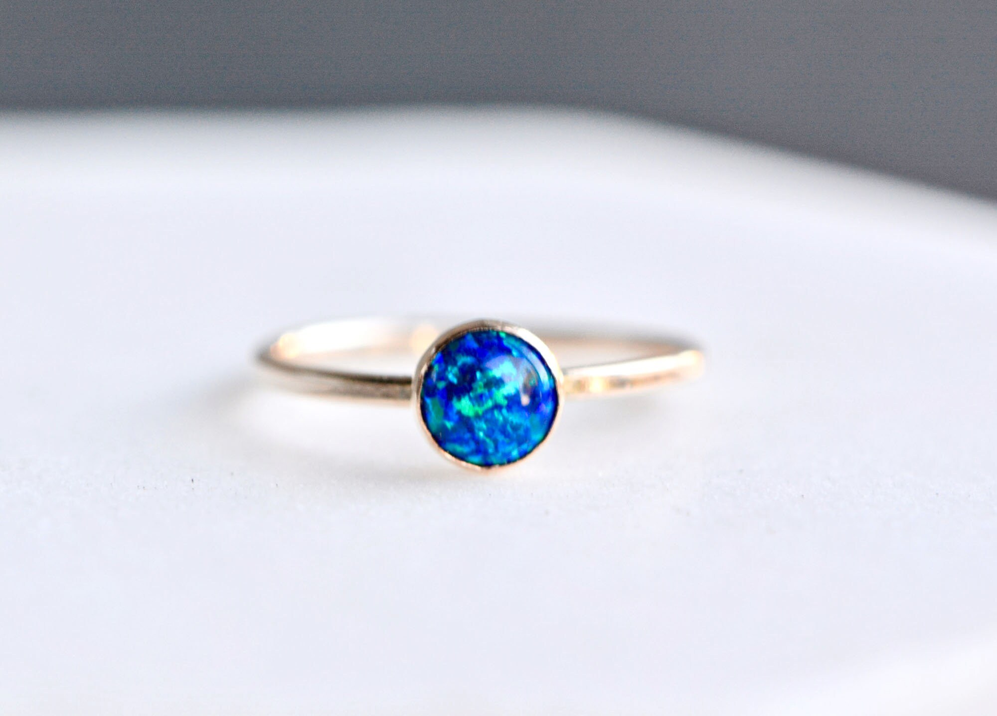 Lab Blue Opal Round Cabochon 14k Gold Filled Stackable Ring : October Birthstone, detail view