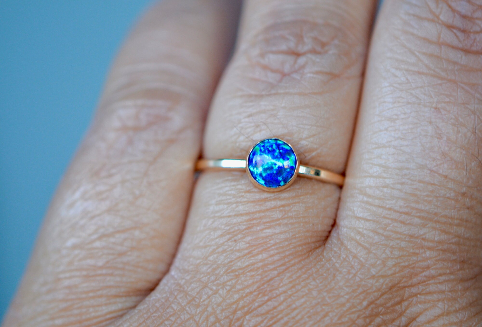 Lab Blue Opal Round Cabochon 14k Gold Filled Stackable Ring : October Birthstone, worn view