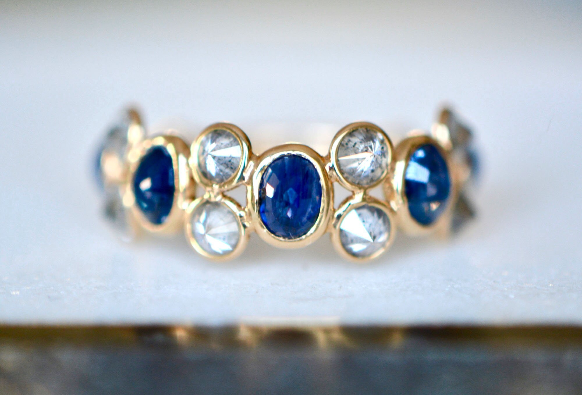 Sapphire & Salt Pepper Diamond 18k Gold Adjustable Ring : 5th, 10th or 45th Anniversary Gift for Wife