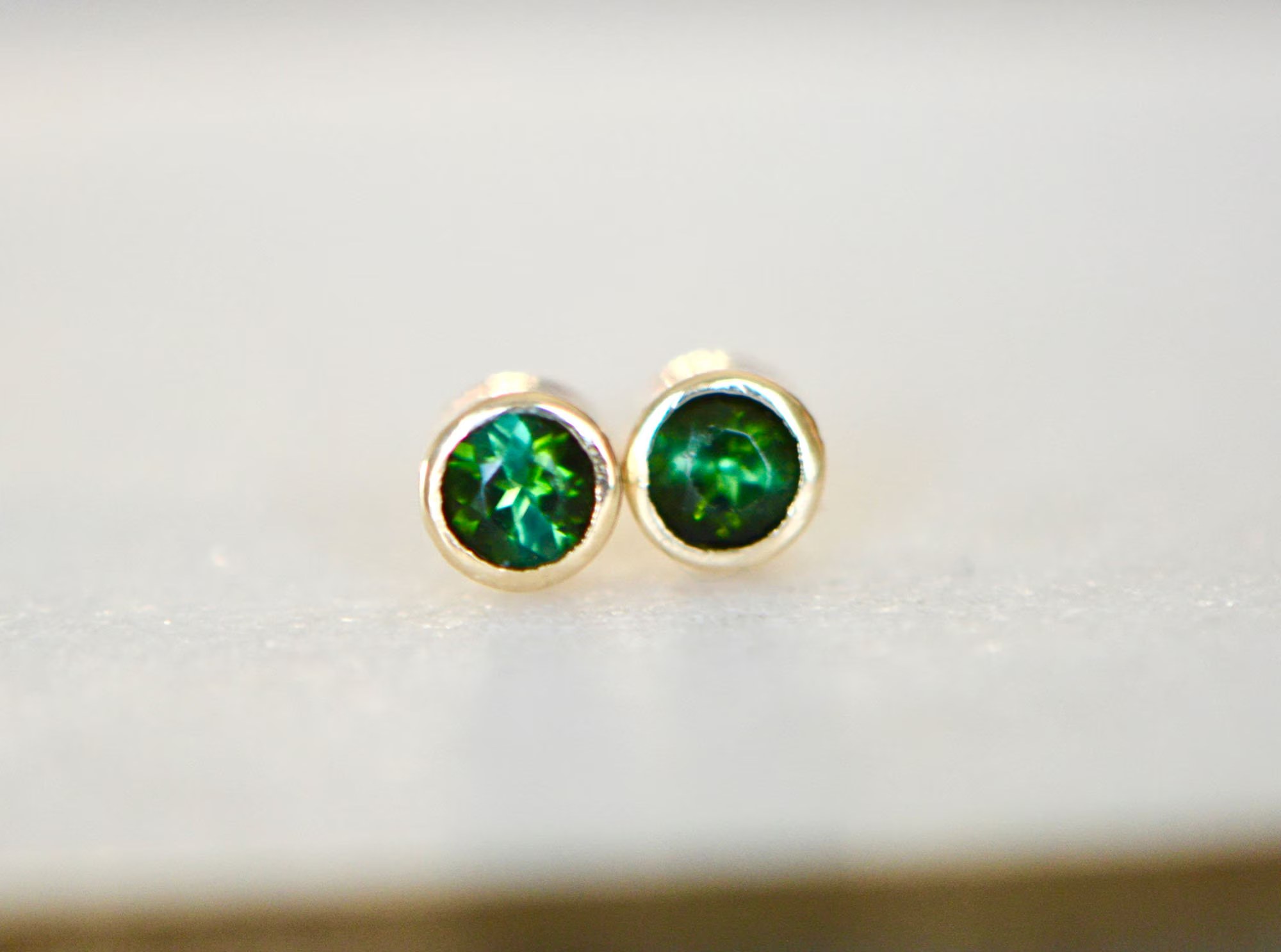 Green Tourmaline Dainty Stud Earrings Solid 14kt Gold : October Birthstone Jewelry