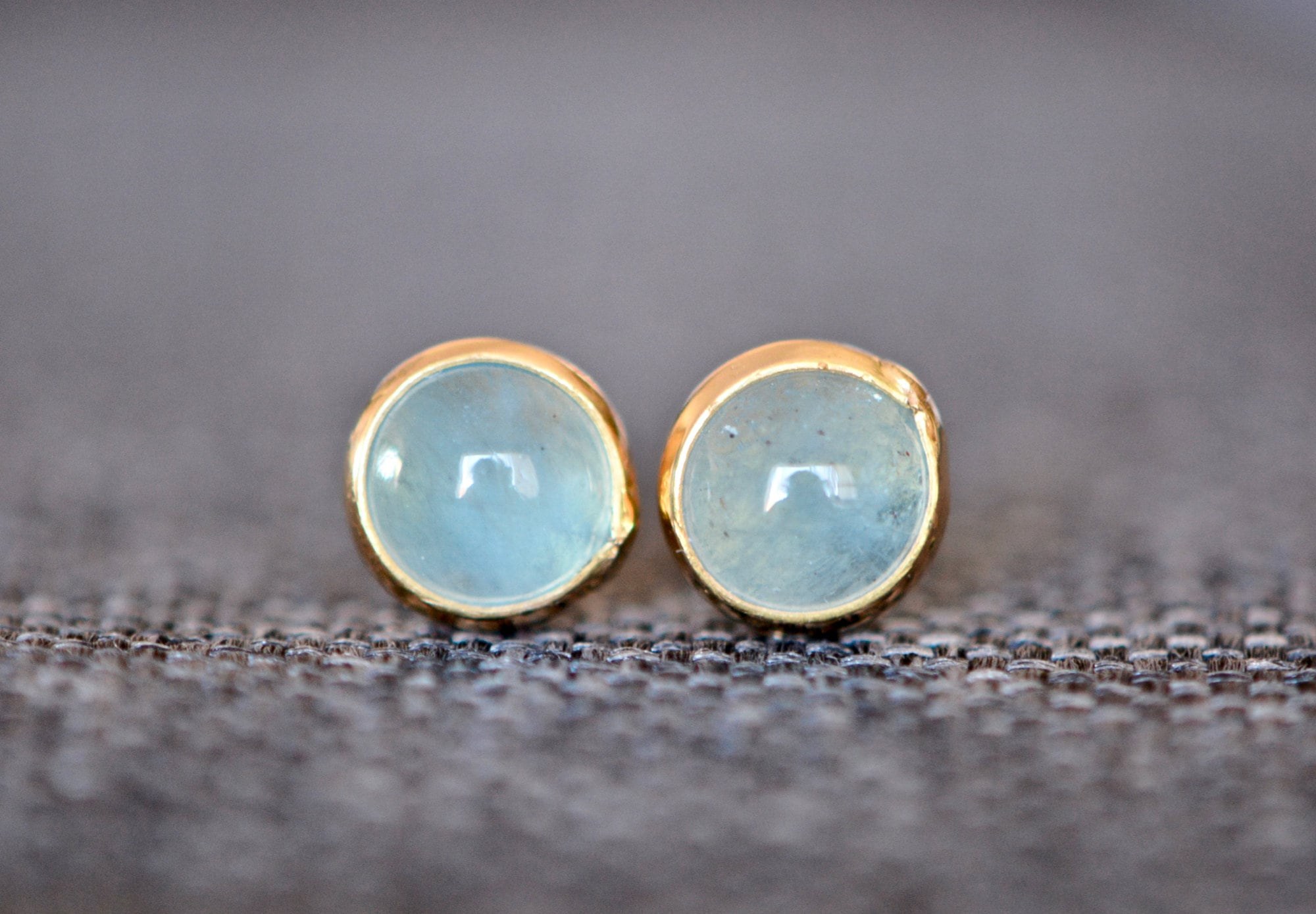 Aquamarine Cabochon Stud Earrings Solid 14kt Gold : March Birthstone Jewelry