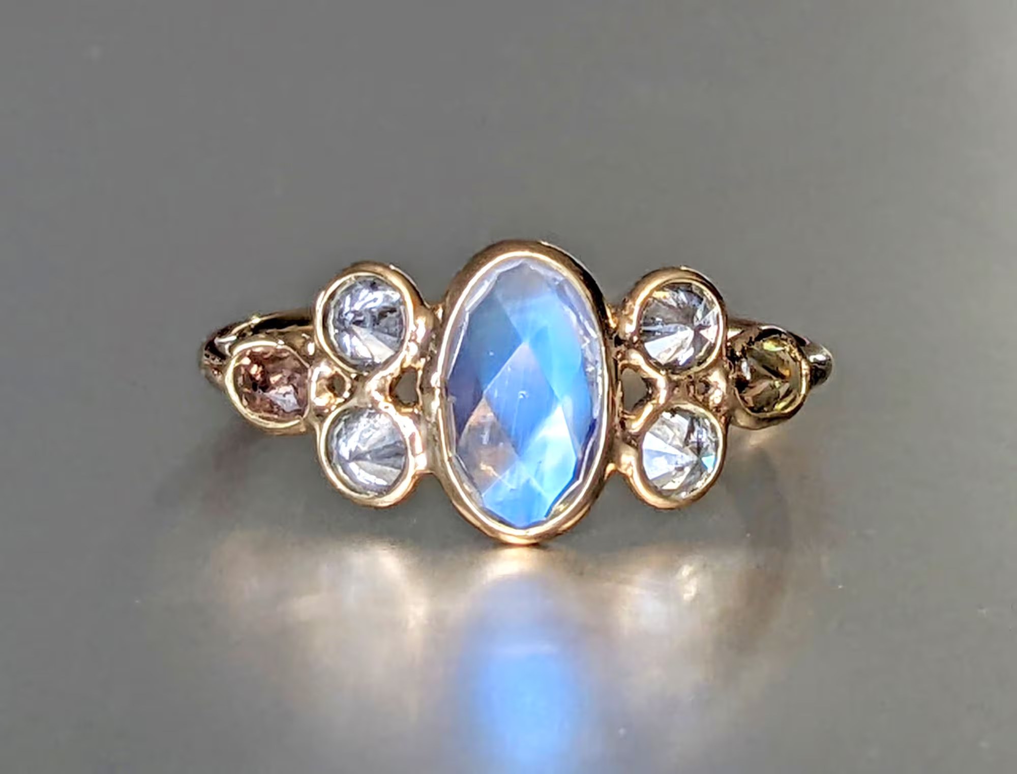 Blue Moonstone Oval Rosecut & Salt Pepper Diamond Ring 14k Gold, Size 7 : June April Jewelry