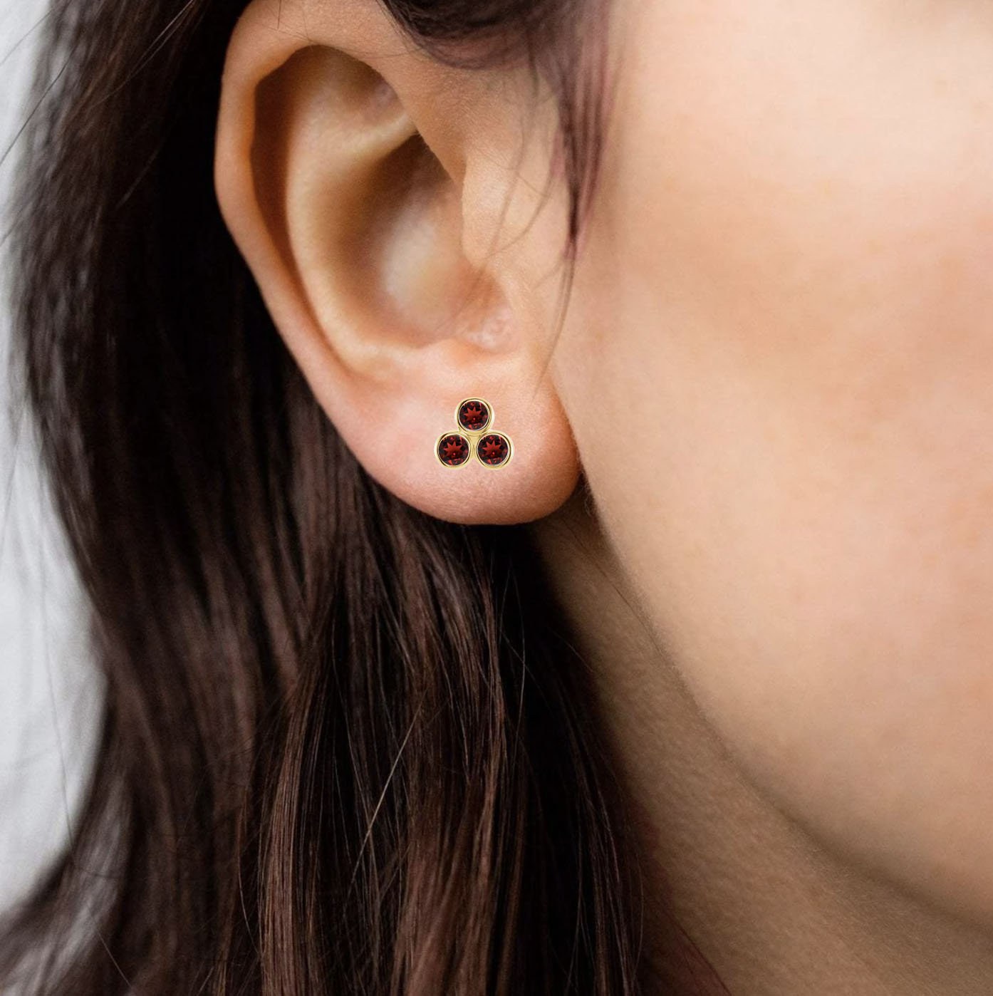 Garnet Trefoil Stud Earrings Solid 14kt Gold :January Birthstone Jewelry, worn view