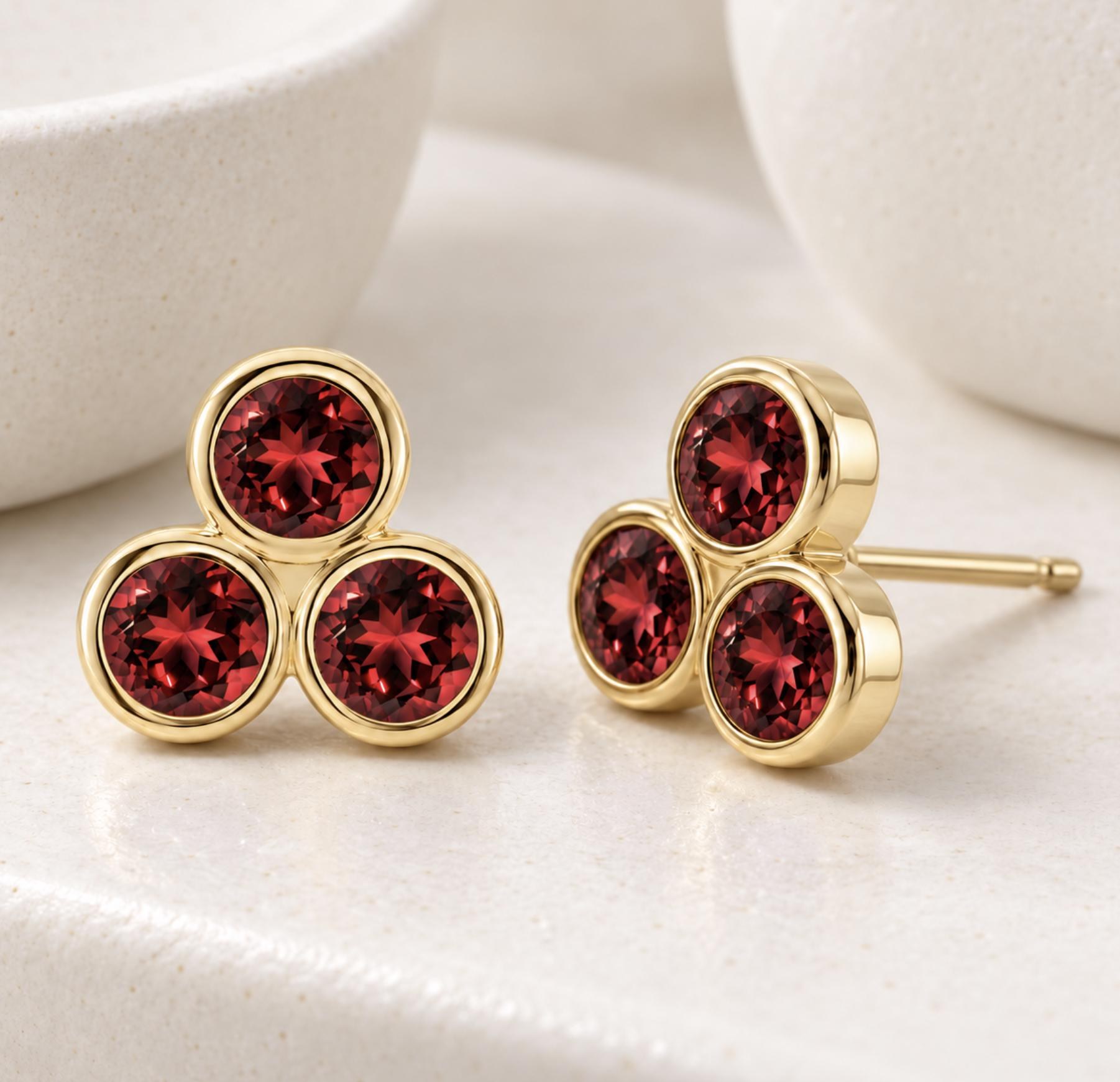 Garnet Trefoil Stud Earrings Solid 14kt Gold :January Birthstone Jewelry