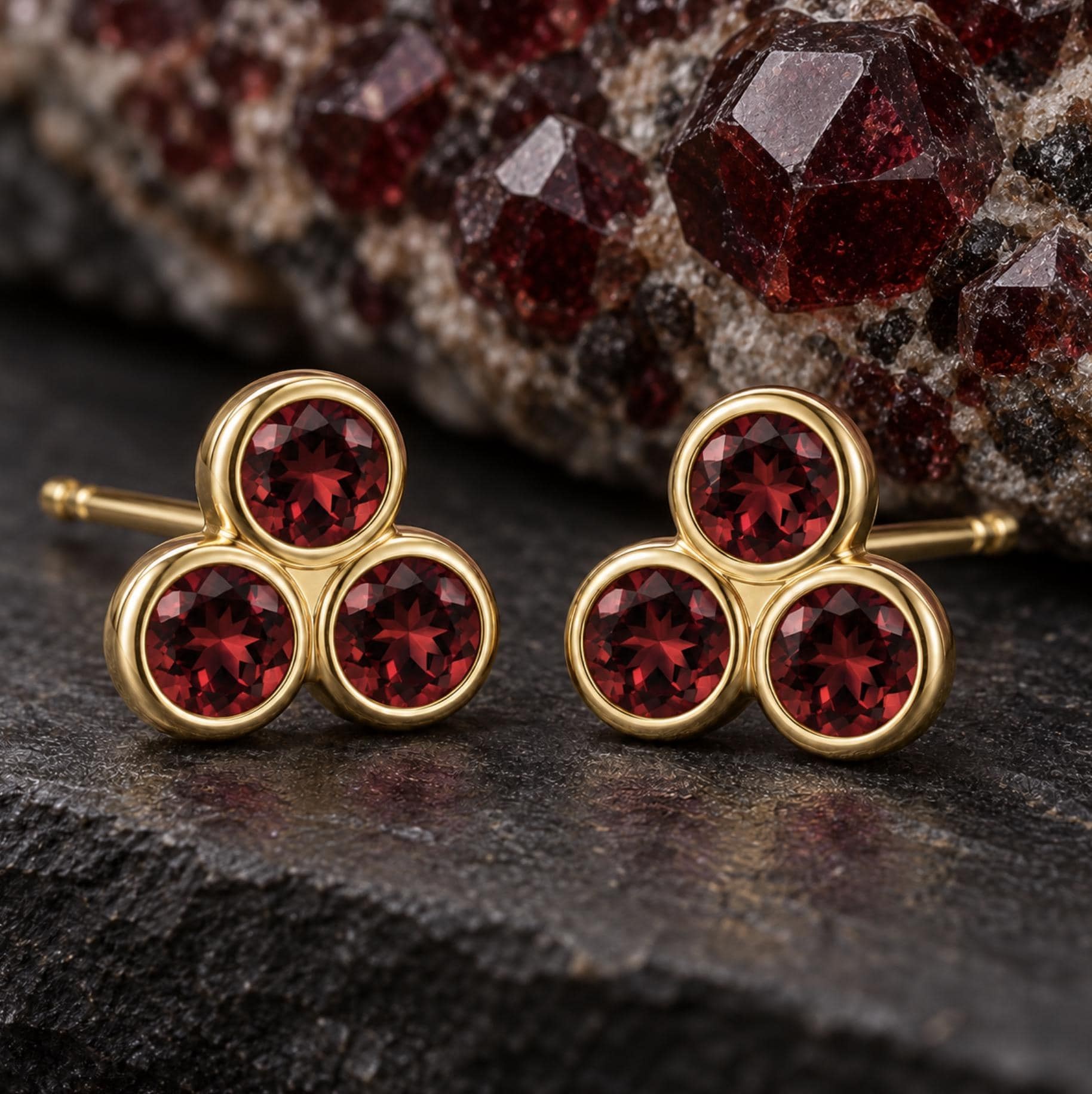 Garnet Trefoil Stud Earrings Solid 14kt Gold :January Birthstone Jewelry, detail view
