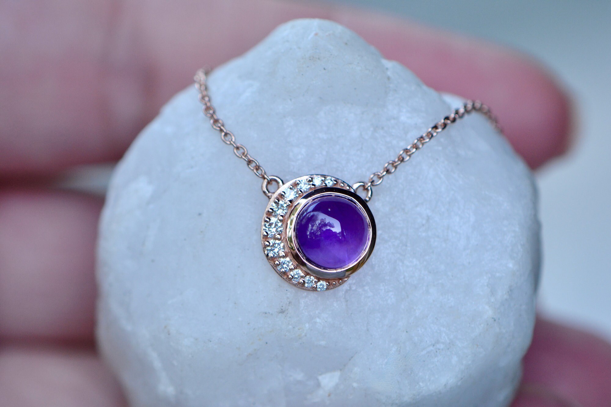 AAA Amethyst Cabochon & Diamond Crescent Moon Necklace : February Birthstone Jewelry