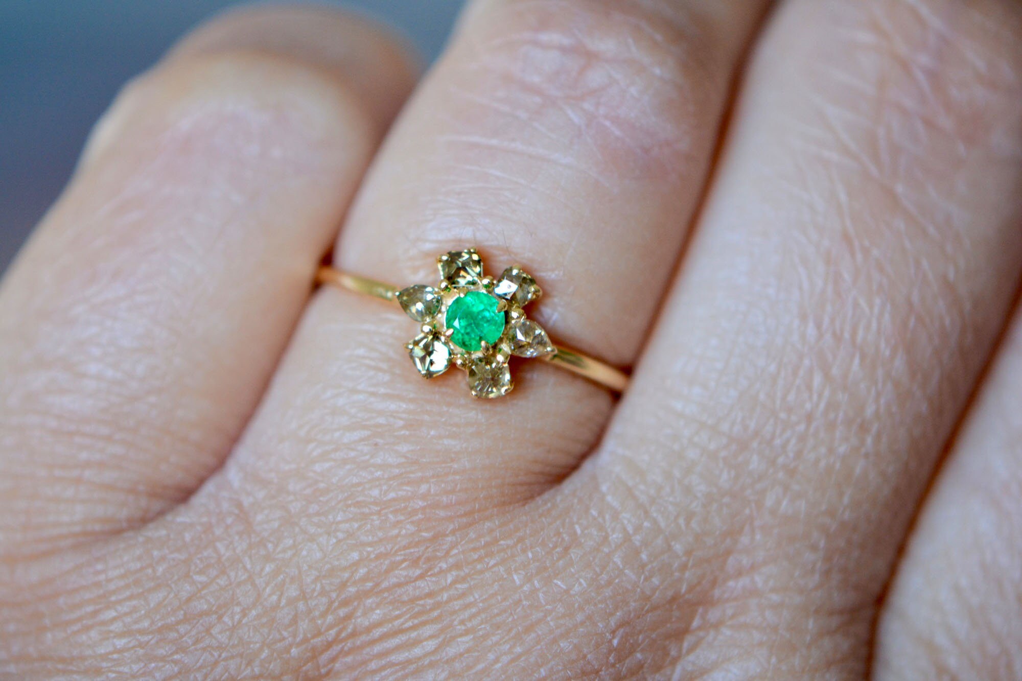Emerald & Champagne Diamond Floral Ring Solid 14k Gold : May April Birthstone Jewelry
