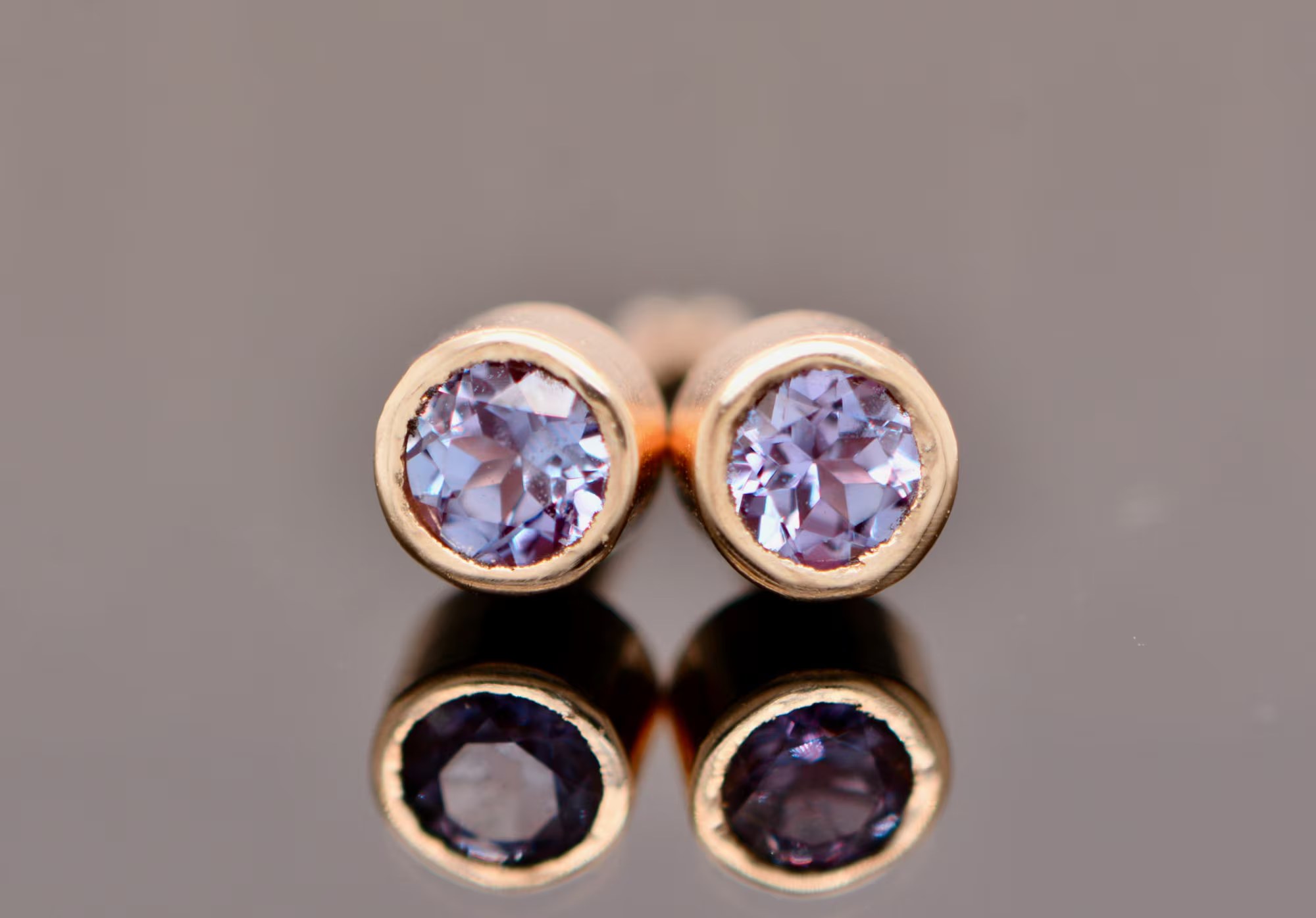 Lab Alexandrite Solid 14k Gold Bezel Round Stud Earrings: June Birthstone Jewelry
