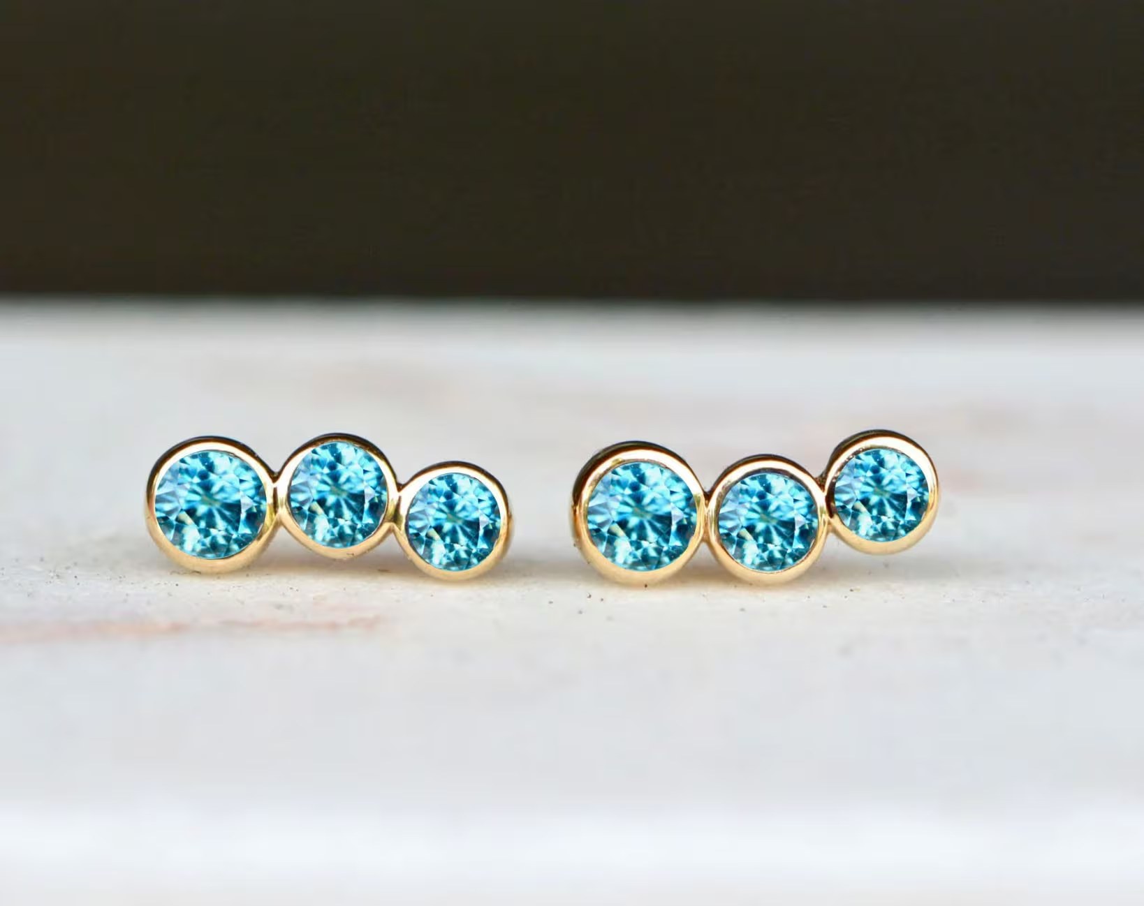 Blue Zircon Natural Bezel Set Ear Climbers 14kt Gold : December Birthstone Jewelry