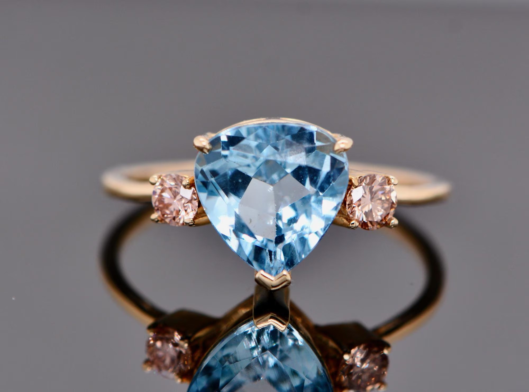 Natural Aquamarine Heart 1.9 cts & Pink Diamond 14kt Gold Cocktail Ring: March Birthstone Jewelry