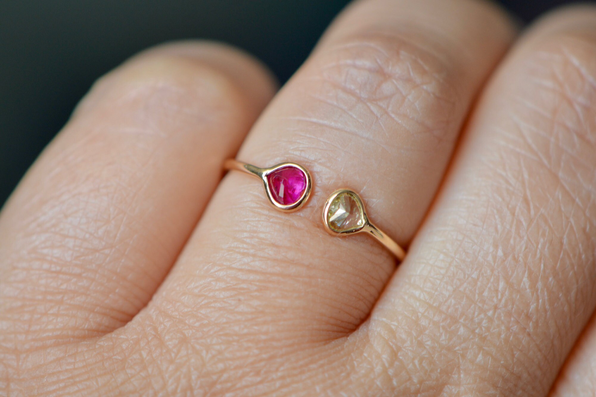 Ruby & Salt Pepper Diamond 14k Gold Ring: July April Birthstone, worn view