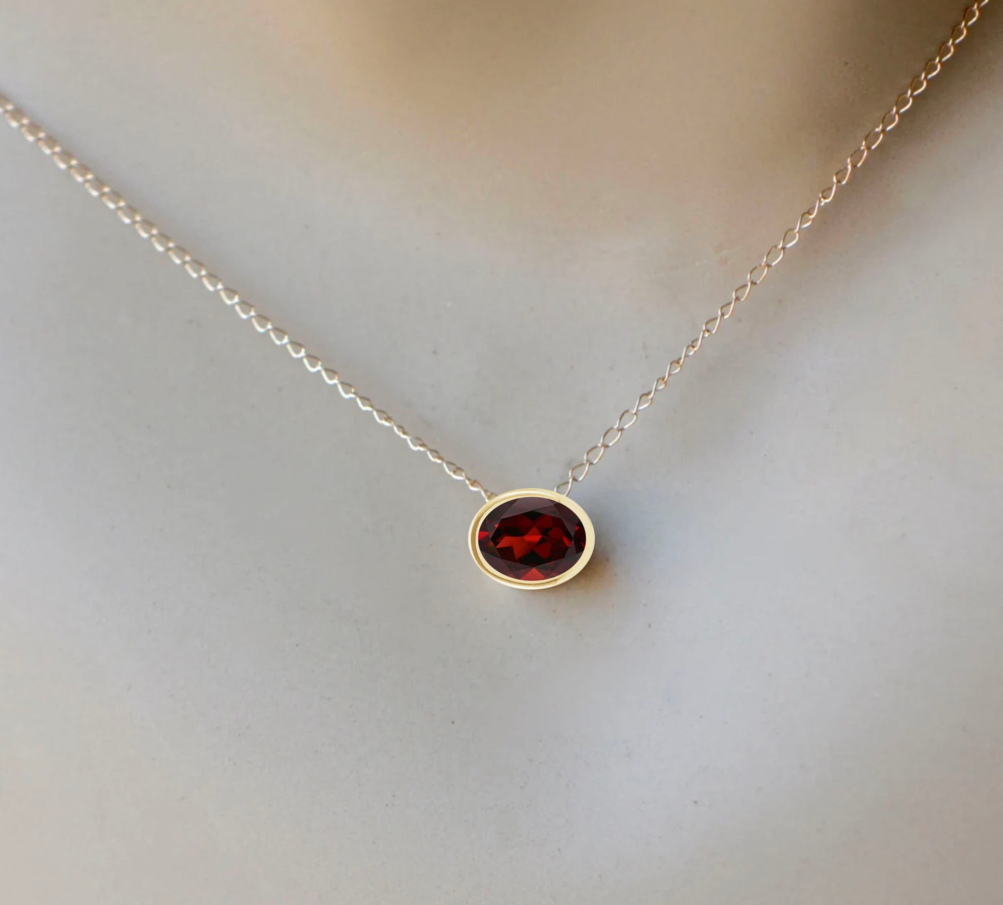 Garnet 1CT Oval Red Minimalist Slide Necklace 14k Gold : January Birthstone Pendant, detail view